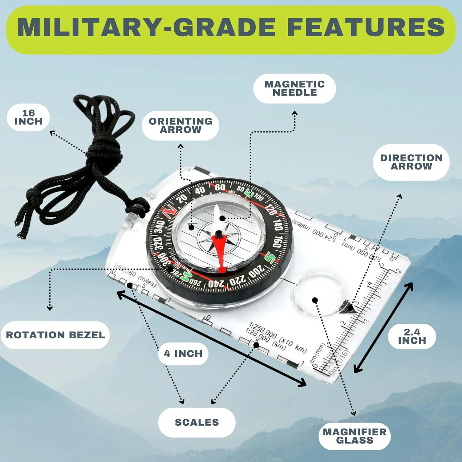 قطب نما جهت یابی، قطب نما ناوبری بقا برای پیاده روی، قطب نما چند منظوره حرفه ای پیشرفته برای کمپینگ، نقشه خوانی، کوله گردی، بهترین انتخاب (شفاف)