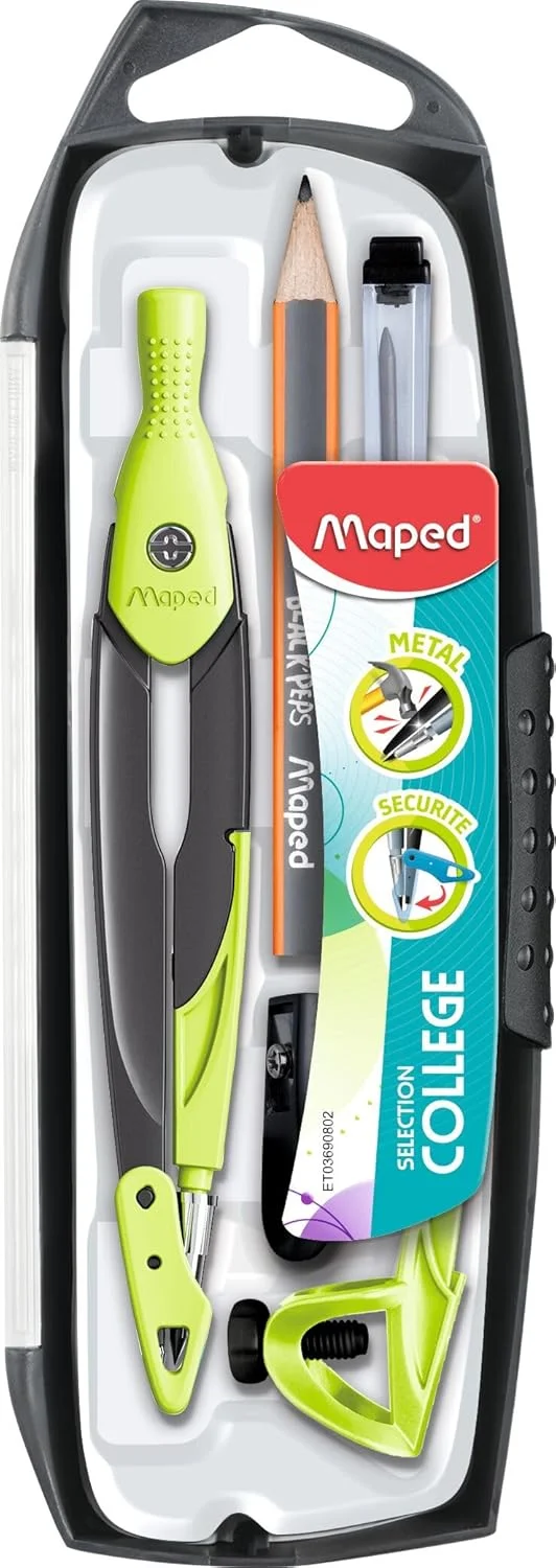 مپد - ست 5 تکه - 1 پرگار فلزی با نوک باز + 1 حلقه یونیورسال + 1 مداد + 1 تراش + 1 جعبه نوک - لوازم جانبی قابل تعویض - کالج - سبز