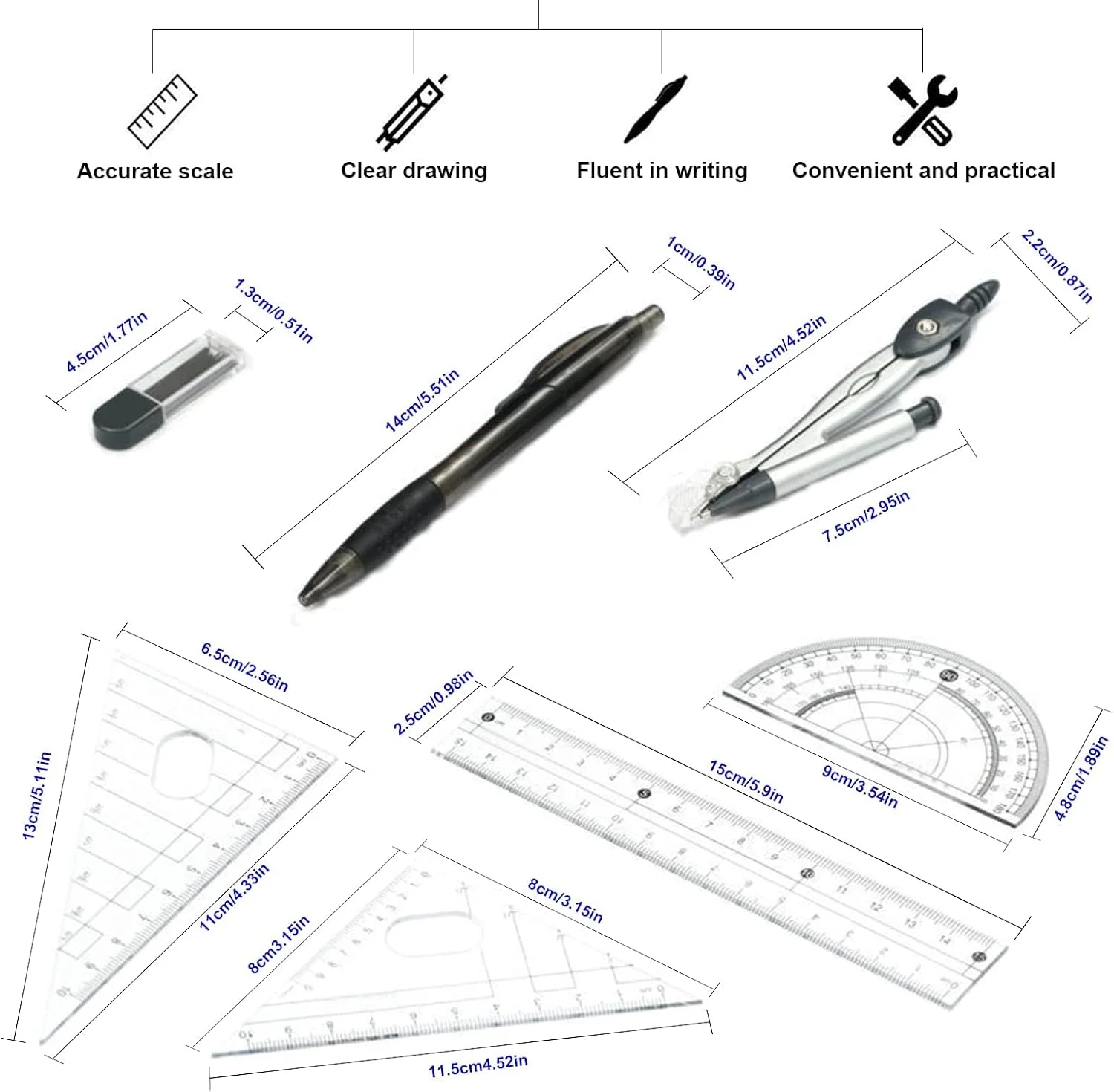 ست 8 عددی پرگار هندسه ریاضی با پرگار رسم، نقاله، خط کش، کیت ریاضی آموزشی ایده آل برای دانش آموزان دبیرستان، مهندسان، معلمان برای دروس رسم و هندسه ست 8 عددی پرگار هندسه ریاضی با پرگار رسم، نقاله، خط کش، کیت ریاضی آموزشی ایده آل برای دانش آموزان دبیرستان، مهندسان، معلمان برای دروس رسم و هندسه