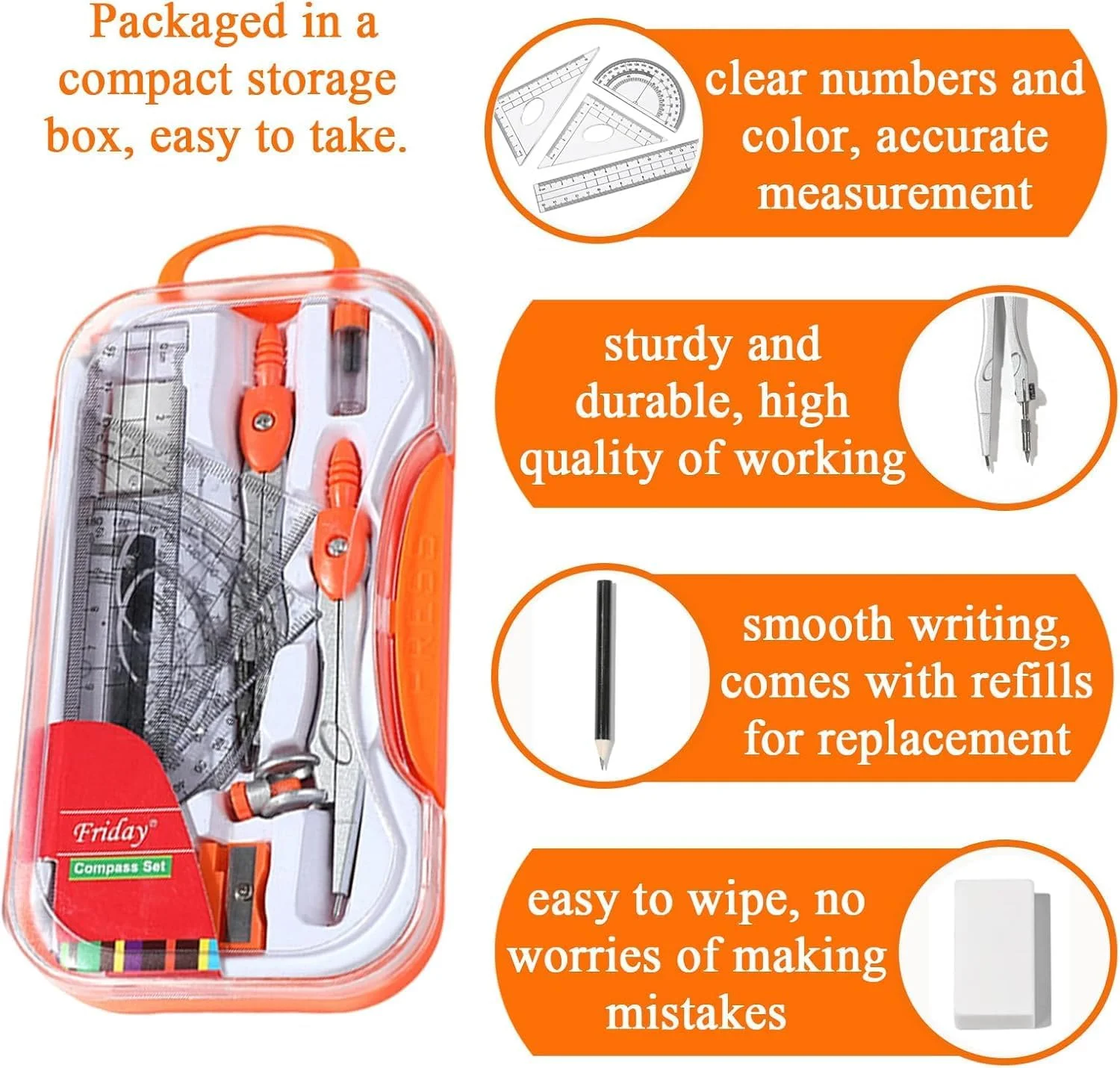 ست هندسه 10 تکه BIGTHREE برای دانش آموزان، کیت طراحی ریاضی با نقاله، پرگار، خط کش و جعبه نگهداری، لوازم ضروری مدرسه برای ترسیم، اندازه گیری و هندسه (نارنجی)