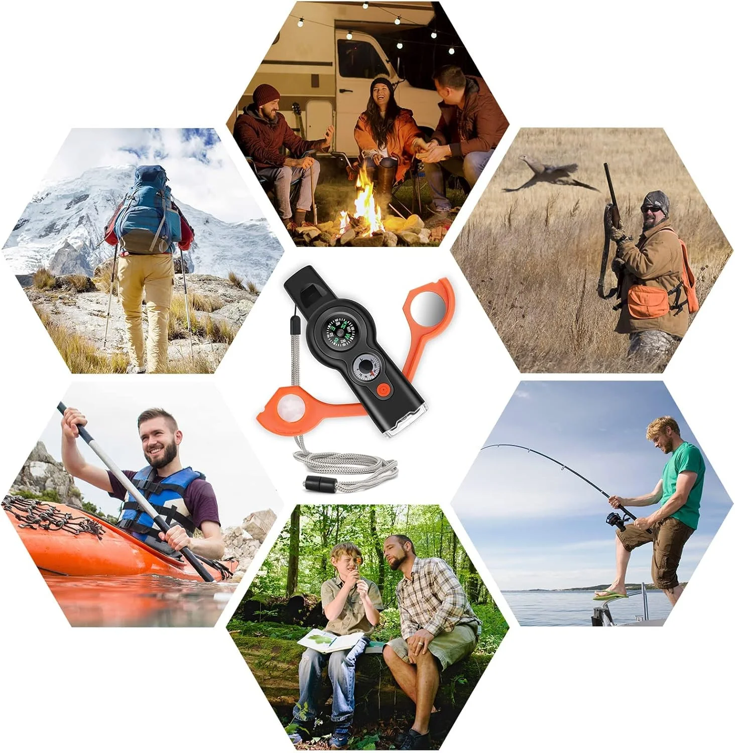 سوت بقای اضطراری، سوت چند منظوره 7 در 1، سوت ایمنی ابزار فضای باز با بند، سوت اضطراری با قطب نما، دماسنج، ذره بین، بازتابنده، چراغ LED، محفظه ذخیره سازی