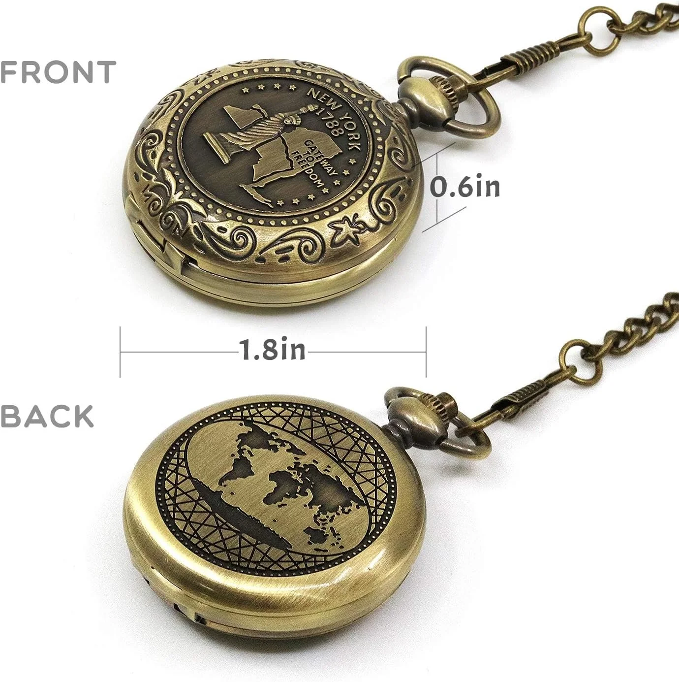 قطب نمای عتیقه کاری شده مجموعه کلاسیک Excefore با زنجیر - قطب نمای جیبی ممتاز برای پیاده روی، کمپینگ، رانندگی، کوله گردی و فعالیت های خارج از منزل - طرح مسی، مجسمه آزادی و نقشه جهان