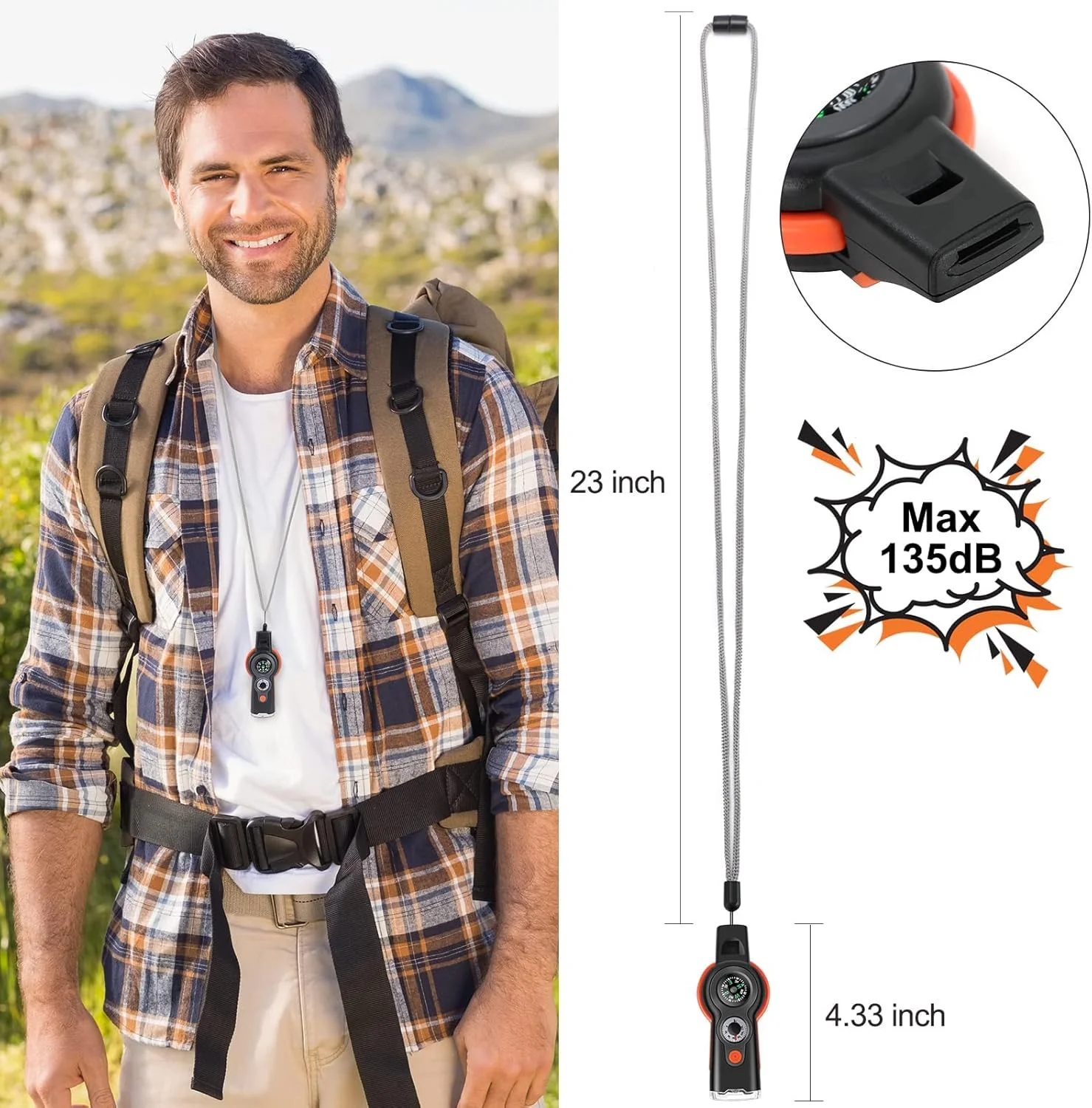 سوت بقای اضطراری، سوت چند منظوره 7 در 1، سوت ایمنی ابزار فضای باز با بند، سوت اضطراری با قطب نما، دماسنج، ذره بین، بازتابنده، چراغ LED، محفظه ذخیره سازی