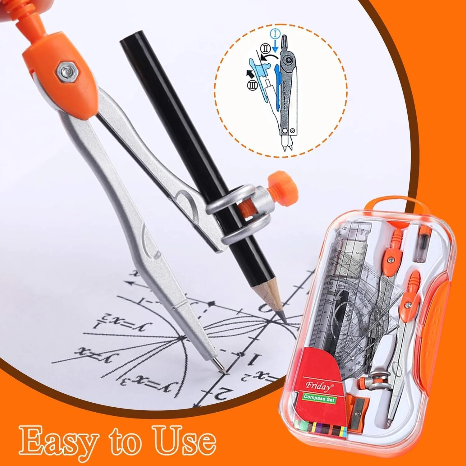 ست هندسه 10 تکه BIGTHREE برای دانش آموزان، کیت طراحی ریاضی با نقاله، پرگار، خط کش و جعبه نگهداری، لوازم ضروری مدرسه برای ترسیم، اندازه گیری و هندسه (نارنجی)