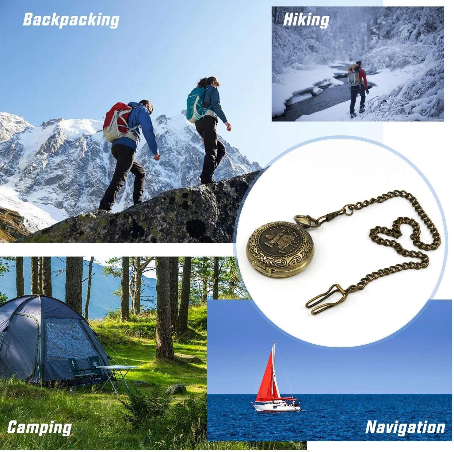 قطب نمای عتیقه کاری شده مجموعه کلاسیک Excefore با زنجیر - قطب نمای جیبی ممتاز برای پیاده روی، کمپینگ، رانندگی، کوله گردی و فعالیت های خارج از منزل - طرح مسی، مجسمه آزادی و نقشه جهان