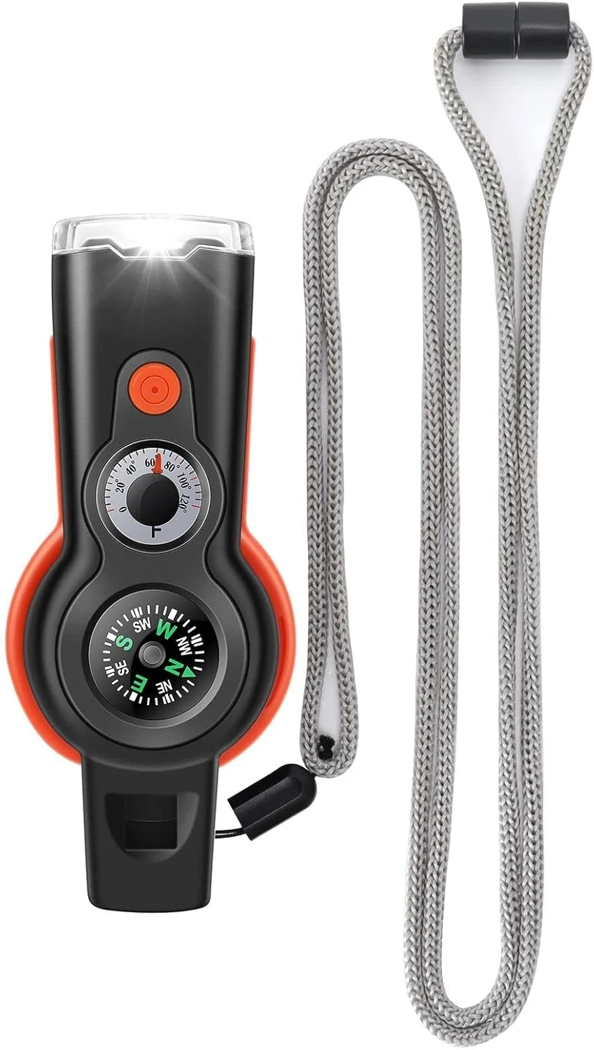 سوت بقای اضطراری، سوت چند منظوره 7 در 1، سوت ایمنی ابزار فضای باز با بند، سوت اضطراری با قطب نما، دماسنج، ذره بین، بازتابنده، چراغ LED، محفظه ذخیره سازی