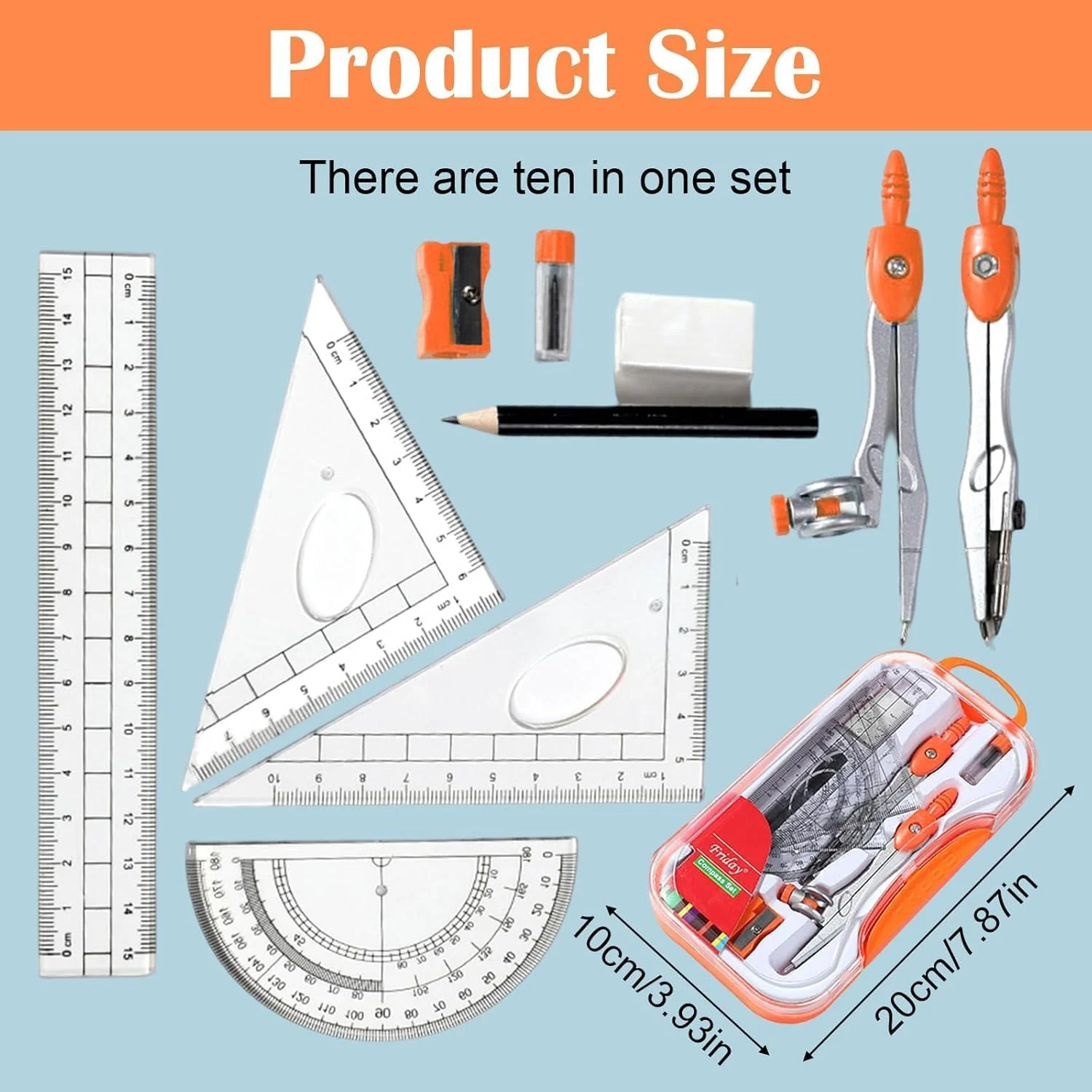ست هندسه 10 تکه BIGTHREE برای دانش آموزان، کیت طراحی ریاضی با نقاله، پرگار، خط کش و جعبه نگهداری، لوازم ضروری مدرسه برای ترسیم، اندازه گیری و هندسه (نارنجی)