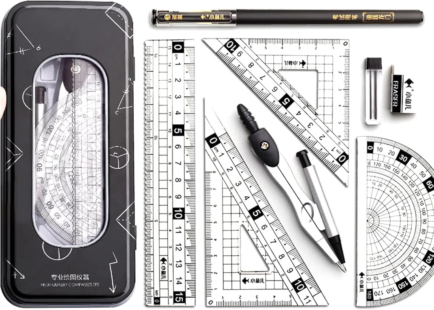 ست ریاضی آزون، ست پرگار هندسی شامل نقاله، خط کش و پرگار برای دانش آموزان، جعبه فلزی بادوام به همراه پاک کن/خودکار (مشکی) ست ریاضی آزون، ست پرگار هندسی شامل نقاله، خط کش و پرگار برای دانش آموزان، جعبه فلزی بادوام به همراه پاک کن/خودکار (مشکی)