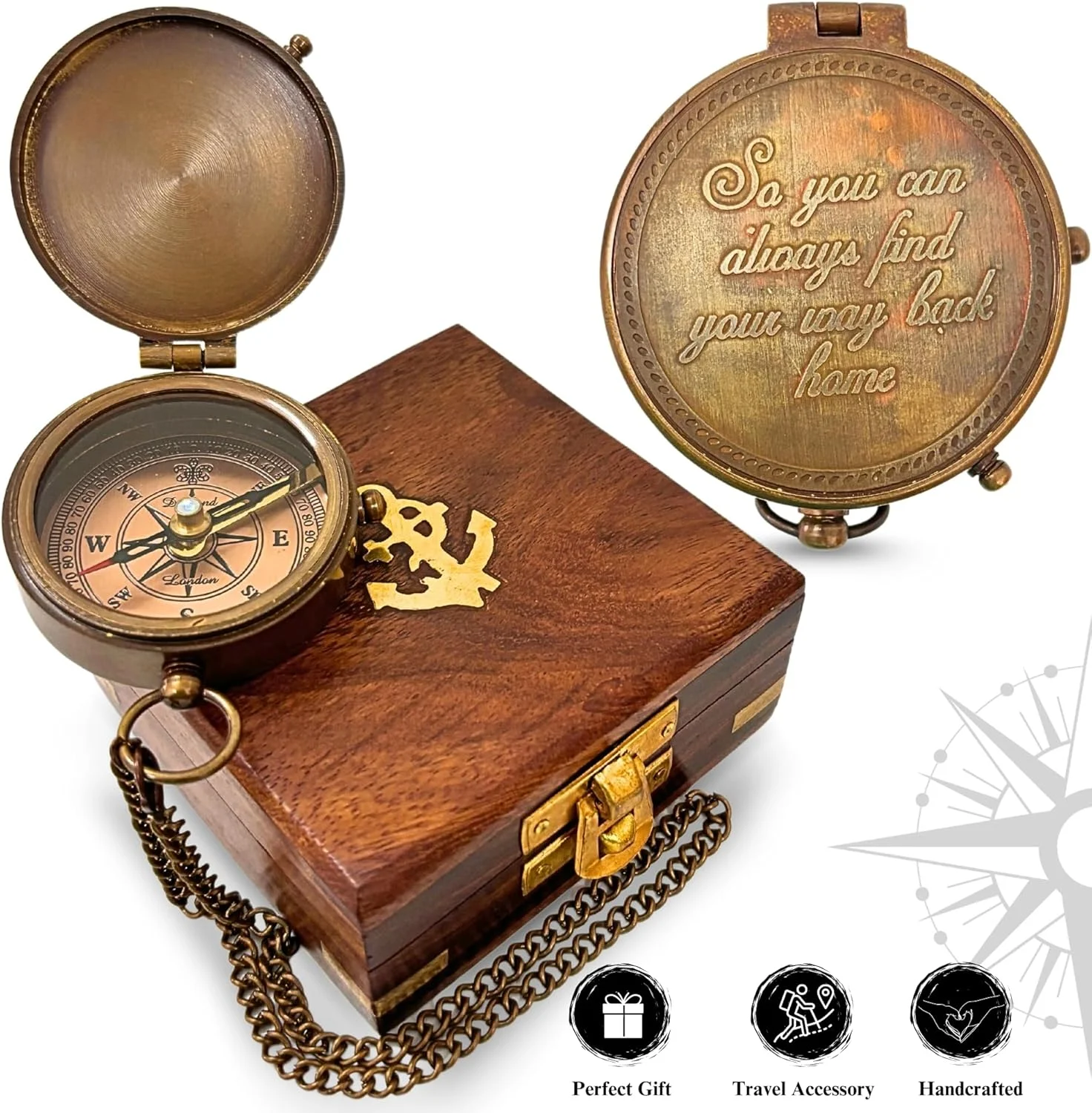 قطب نمای جیبی برنجی عتیقه دریایی حکاکی شده با عبارت «تا همیشه راه بازگشت به خانه را پیدا کنید» به همراه جعبه چرمی، بهترین هدیه روز ولنتاین، هدیه غسل تعمید برای او قطب نمای جیبی برنجی عتیقه دریایی حکاکی شده با عبارت «تا همیشه راه بازگشت به خانه را پیدا کنید» به همراه جعبه چرمی، بهترین هدیه روز ولنتاین، هدیه غسل تعمید برای او