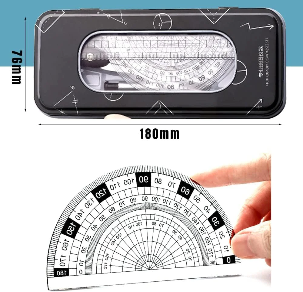 ست ریاضی آزون، ست پرگار هندسی شامل نقاله، خط کش و پرگار برای دانش آموزان، جعبه فلزی بادوام به همراه پاک کن/خودکار (مشکی) ست ریاضی آزون، ست پرگار هندسی شامل نقاله، خط کش و پرگار برای دانش آموزان، جعبه فلزی بادوام به همراه پاک کن/خودکار (مشکی)