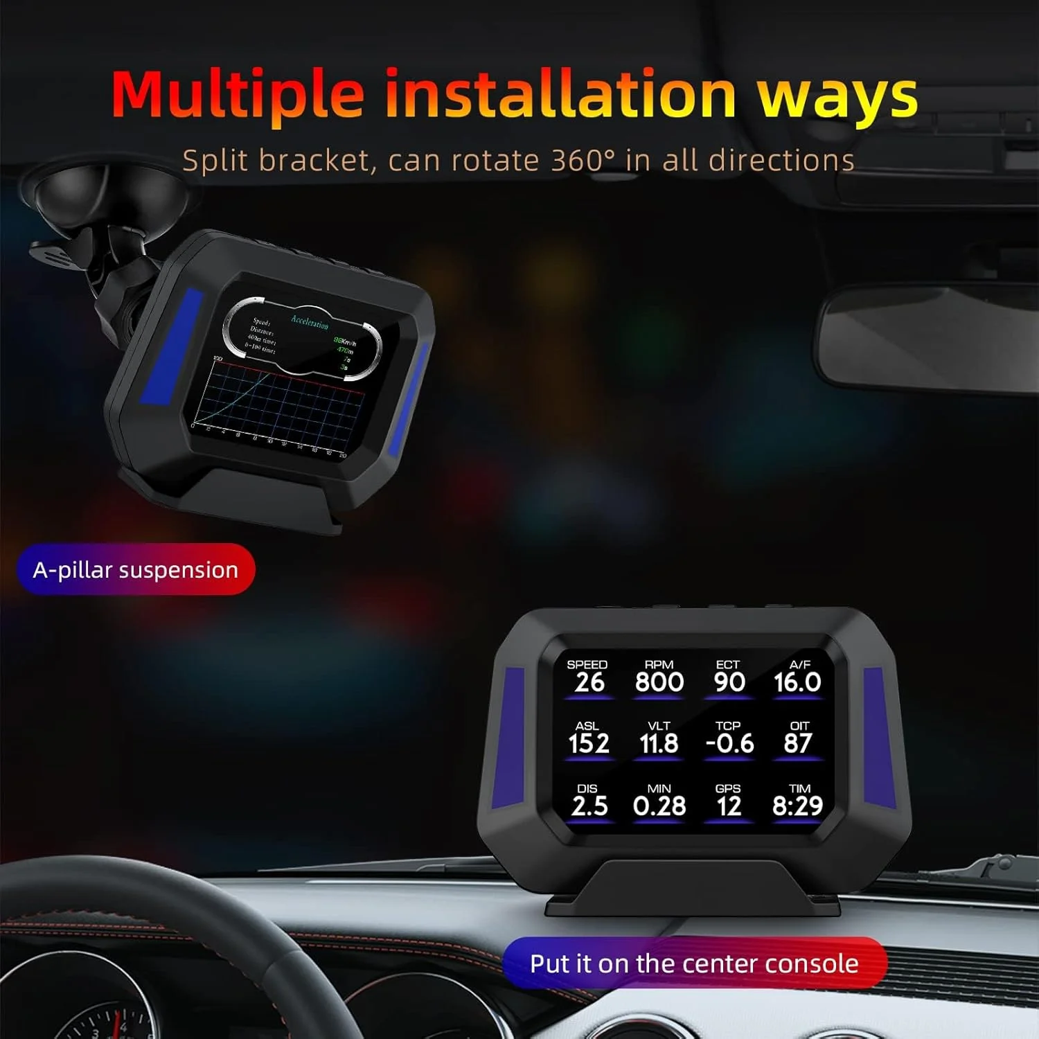 نمایشگر سربالا، گیج OBD2، قطب نمای دیجیتال برای خودرو، ارتفاع سنج HUD، سرعت سنج، مانیتور عملکرد GPS، گیج های بوست و دما، مناسب برای همه وسایل نقلیه نمایشگر سربالا، گیج OBD2، قطب نمای دیجیتال برای خودرو، ارتفاع سنج HUD، سرعت سنج، مانیتور عملکرد GPS، گیج های بوست و دما، مناسب برای همه وسایل نقلیه