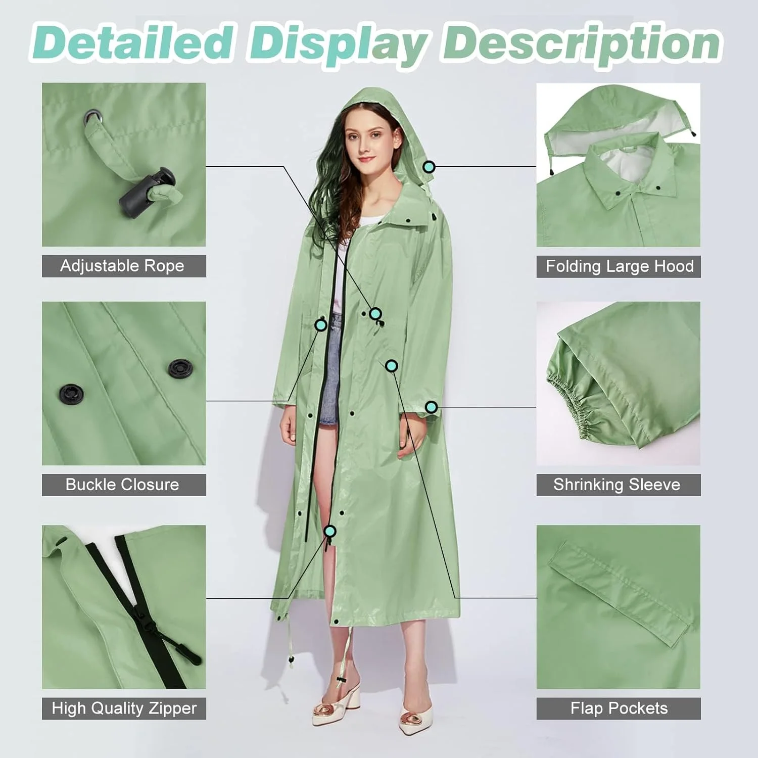 Womens Long Raincoats Rain Jacket Waterproof Packable Outdoor Hooded Windbreaker Lightweight Adjustable Waist for Outdoors Womens Long Raincoats Rain Jacket Waterproof Packable Outdoor Hooded Windbreaker Lightweight Adjustable Waist for Outdoors