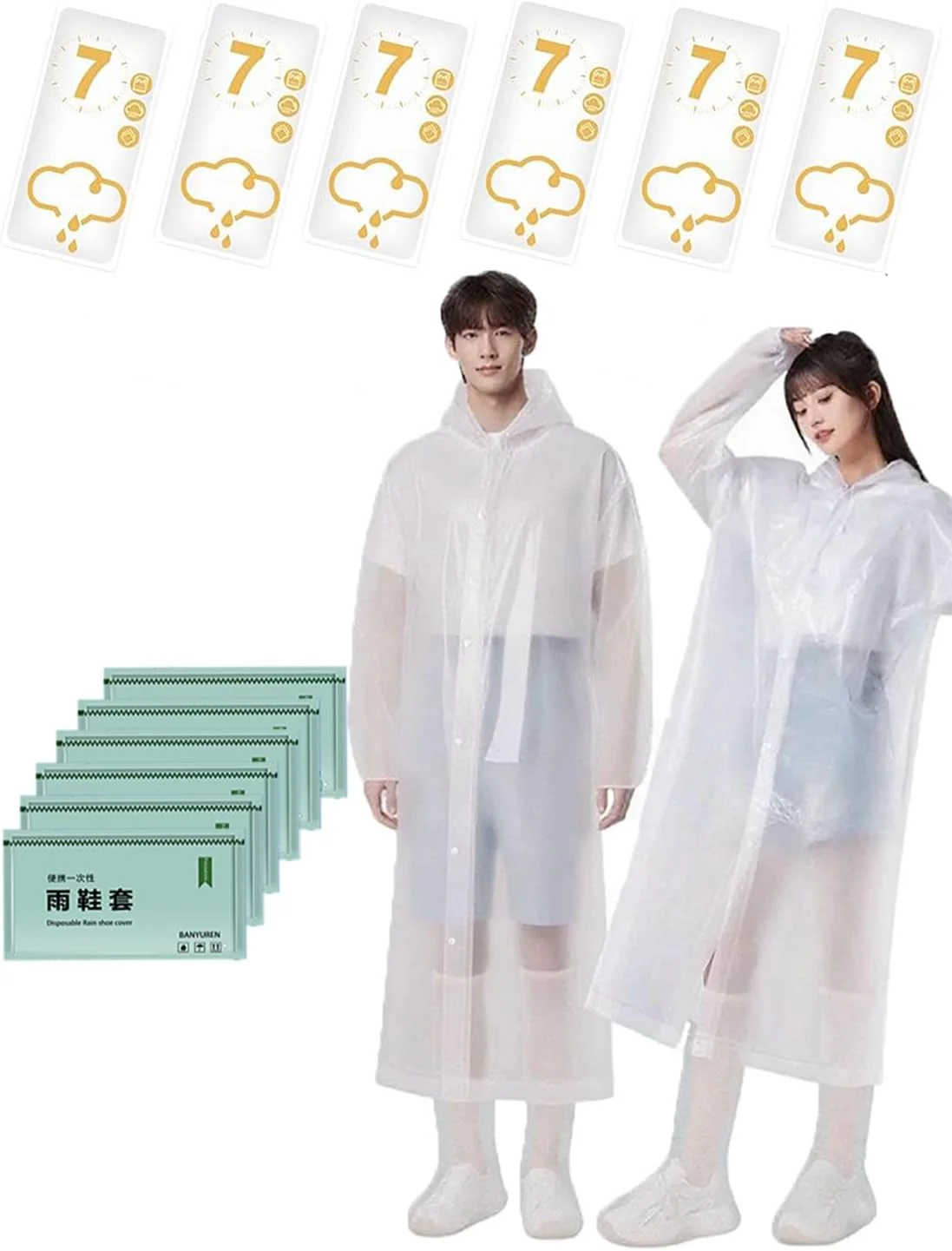 ست 6 تکه بارانی بزرگسال ضد آب با لبه قابل تنظیم و سرآستین های کشسان - بارانی اضطراری سبک وزن و قابل استفاده مجدد و روکش کفش ضد آب، مناسب برای مسافرت در فضای باز، کمپینگ در کویر و استفاده روزانه ست 6 تکه بارانی بزرگسال ضد آب با لبه قابل تنظیم و سرآستین های کشسان - بارانی اضطراری سبک وزن و قابل استفاده مجدد و روکش کفش ضد آب، مناسب برای مسافرت در فضای باز، کمپینگ در کویر و استفاده روزانه