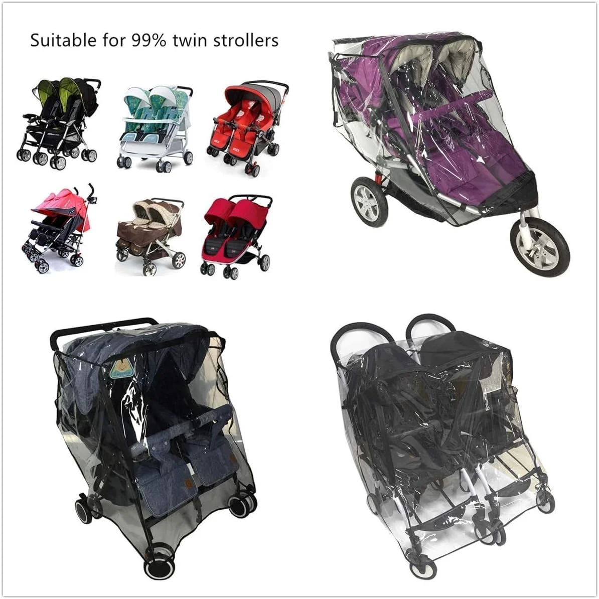 Universal Stroller Raincover Twins Strollers Double Side by Side Baby Stroller rain Cover for Pushchair Pram Rainproof Dustproof Windproof Rain Cover with Canopy and Zipper Door