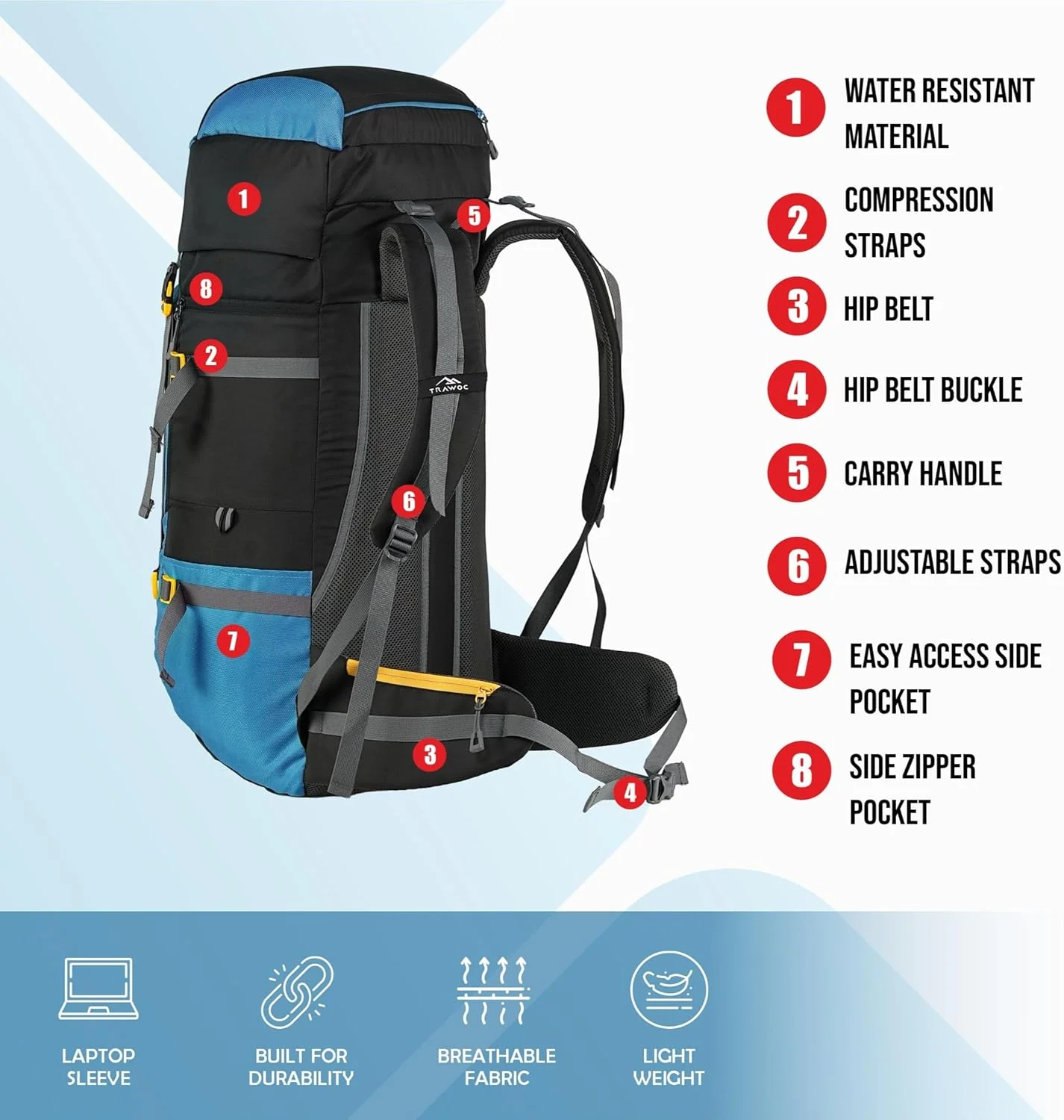 کیف مسافرتی 55 لیتری TRAWOC GRITMAX کوله پشتی بازشو از جلو و بالا برای پیاده روی، کوهنوردی، کمپینگ، کوله پشتی مردانه و زنانه با کاور باران و محفظه کفش SHK017