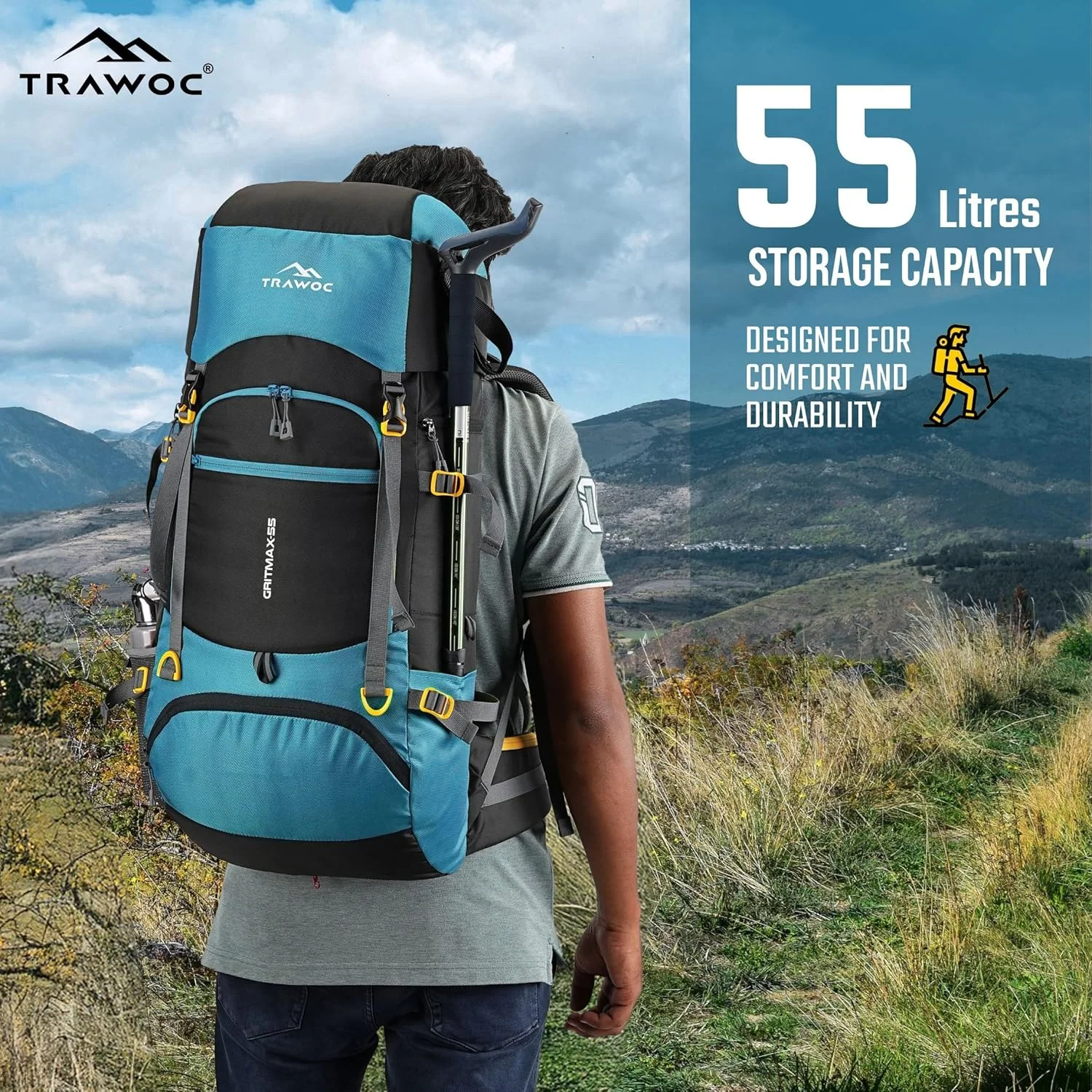 کیف مسافرتی 55 لیتری TRAWOC GRITMAX کوله پشتی بازشو از جلو و بالا برای پیاده روی، کوهنوردی، کمپینگ، کوله پشتی مردانه و زنانه با کاور باران و محفظه کفش SHK017