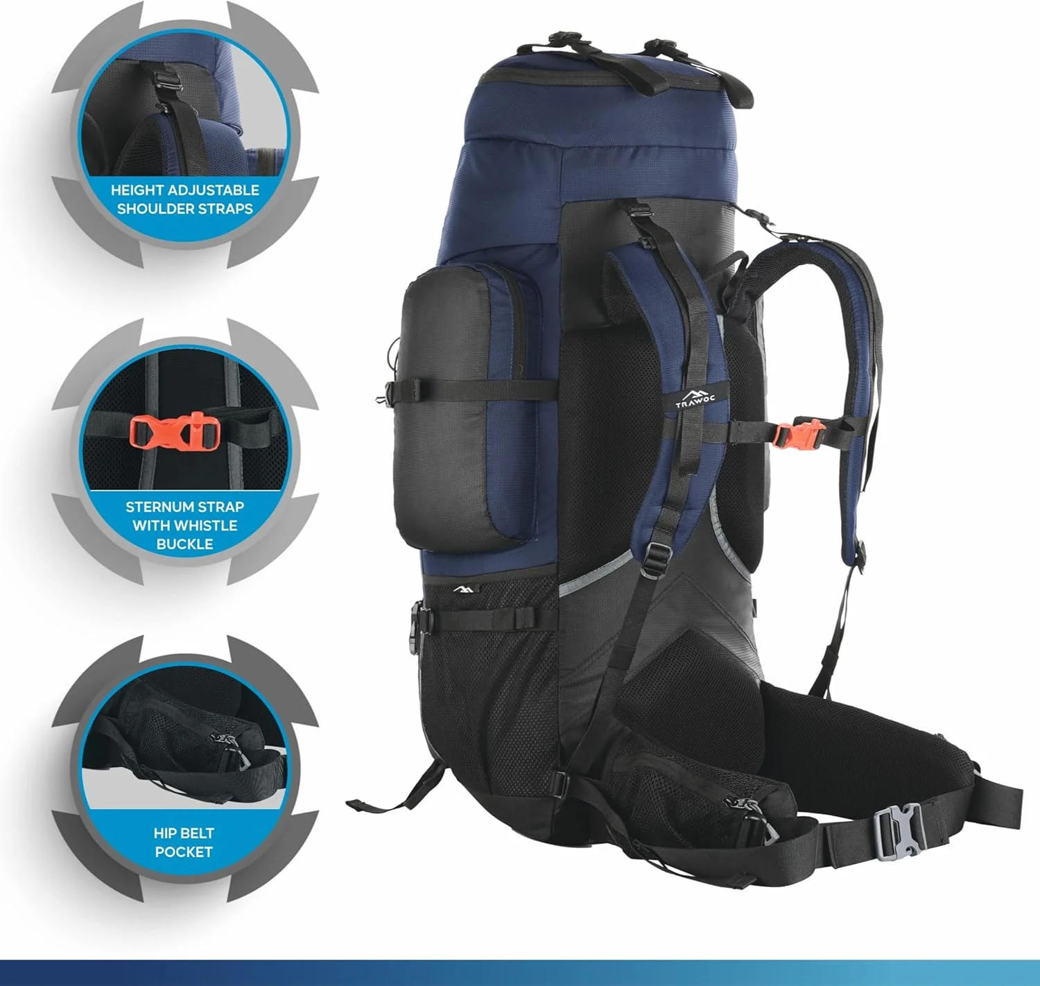 کوله پشتی کوهنوردی و مسافرتی 80 لیتری TRAWOC WAYFARER مناسب کمپینگ، پیاده روی و سفر برای آقایان و بانوان به همراه کاور باران/محفظه کفش کوله پشتی کوهنوردی و مسافرتی 80 لیتری TRAWOC WAYFARER مناسب کمپینگ، پیاده روی و سفر برای آقایان و بانوان به همراه کاور باران/محفظه کفش