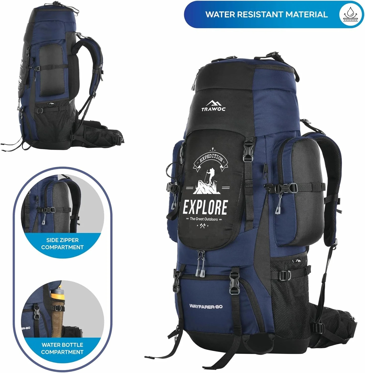 کوله پشتی کوهنوردی و مسافرتی 80 لیتری TRAWOC WAYFARER مناسب کمپینگ، پیاده روی و سفر برای آقایان و بانوان به همراه کاور باران/محفظه کفش کوله پشتی کوهنوردی و مسافرتی 80 لیتری TRAWOC WAYFARER مناسب کمپینگ، پیاده روی و سفر برای آقایان و بانوان به همراه کاور باران/محفظه کفش