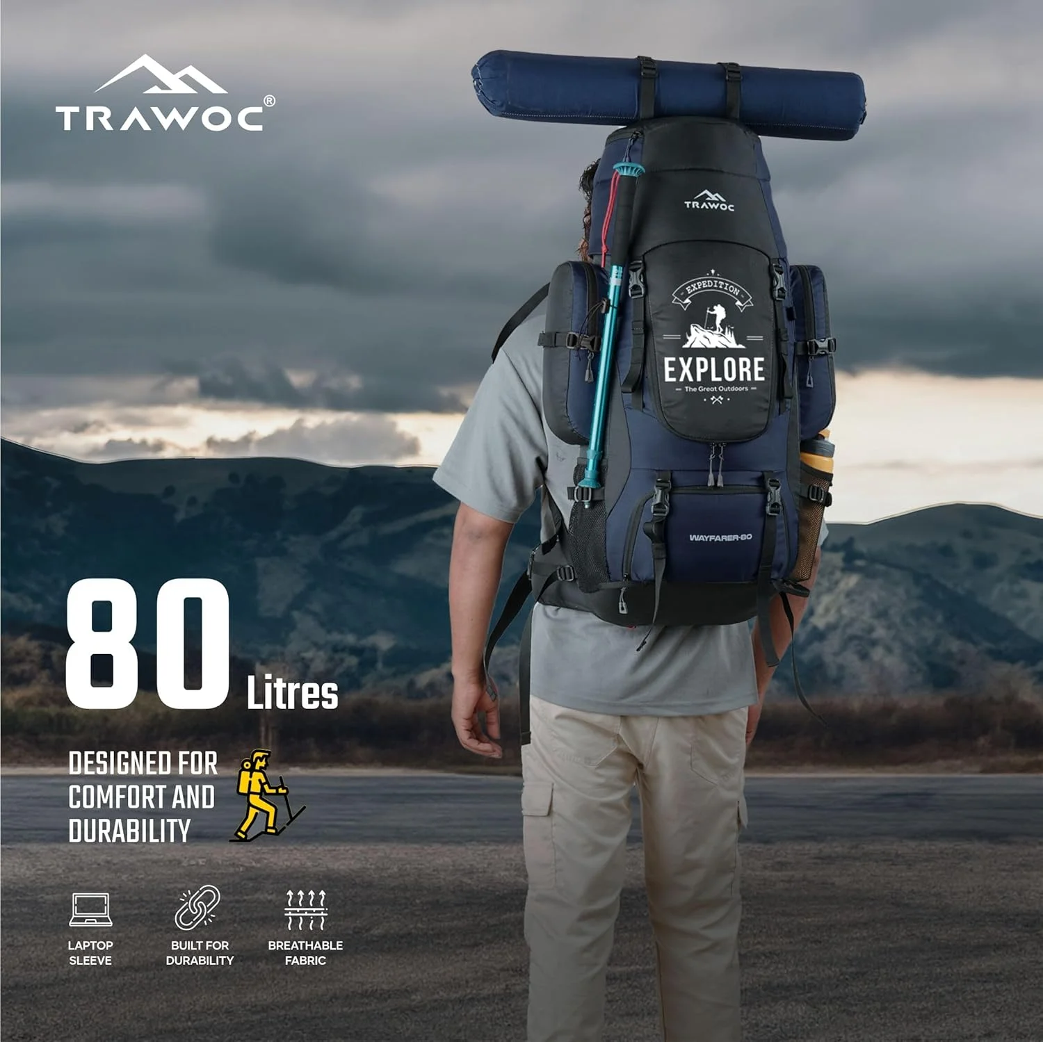 کوله پشتی کوهنوردی و مسافرتی 80 لیتری TRAWOC WAYFARER مناسب کمپینگ، پیاده روی و سفر برای آقایان و بانوان به همراه کاور باران/محفظه کفش کوله پشتی کوهنوردی و مسافرتی 80 لیتری TRAWOC WAYFARER مناسب کمپینگ، پیاده روی و سفر برای آقایان و بانوان به همراه کاور باران/محفظه کفش