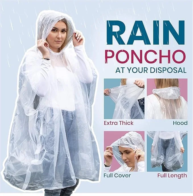 Purfex 10 Pack Rain Ponchos - Reusable & Disposible Rain Coat-Waterproof, Lightweight Rain Gear with Hood & Elastic Cuff - Ideal Raincoat for Camping, Hiking Travel Outdoor Activities for Women Men