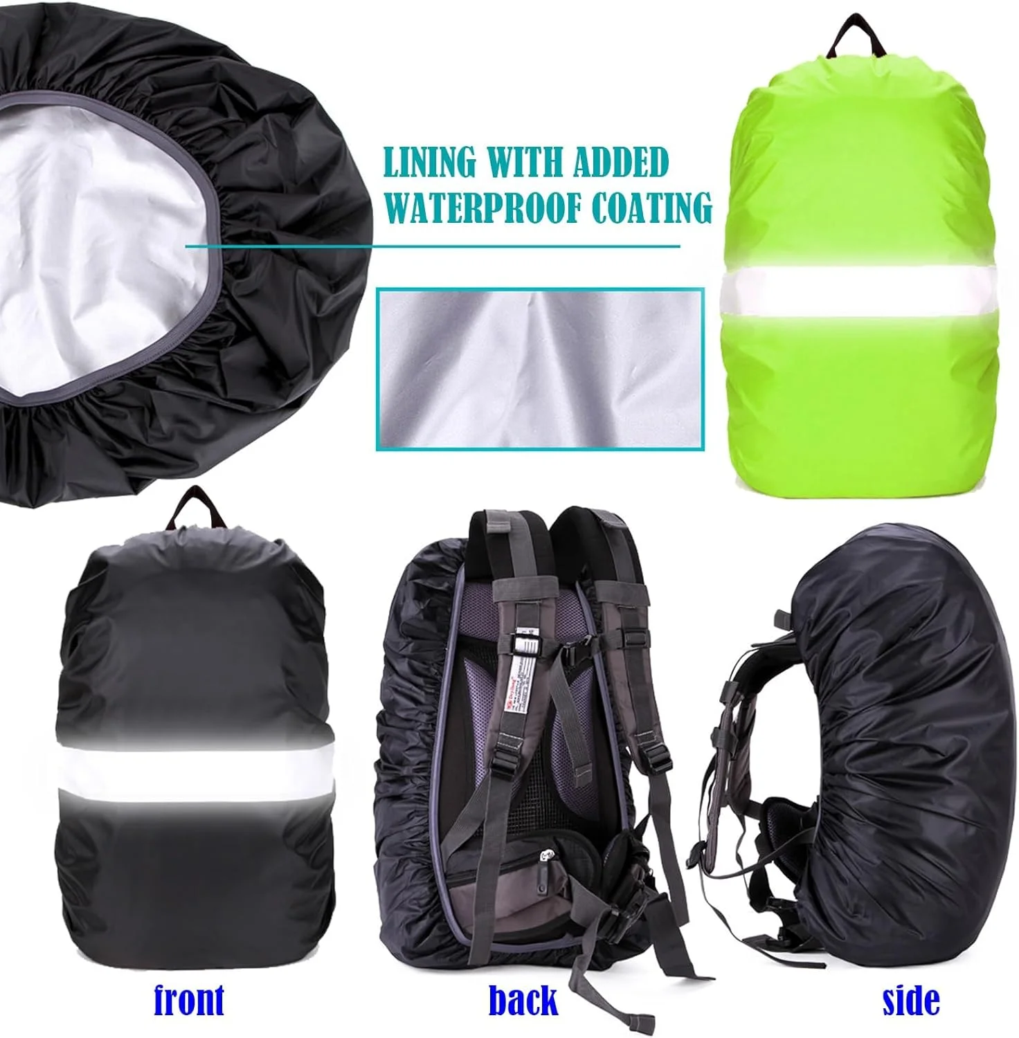 روکش باران کوله پشتی ضد آب بازتابنده 2 عددی - از کوله پشتی خود در برابر باران محافظت کنید، روکش نقره ای در داخل، ضد گرد و غبار، ضد آب و ضد اشعه ماوراء بنفش، ایده آل برای پیاده روی در فضای باز، سوارکاری، کوهنوردی - M 40L-50L (سبز و مشکی)