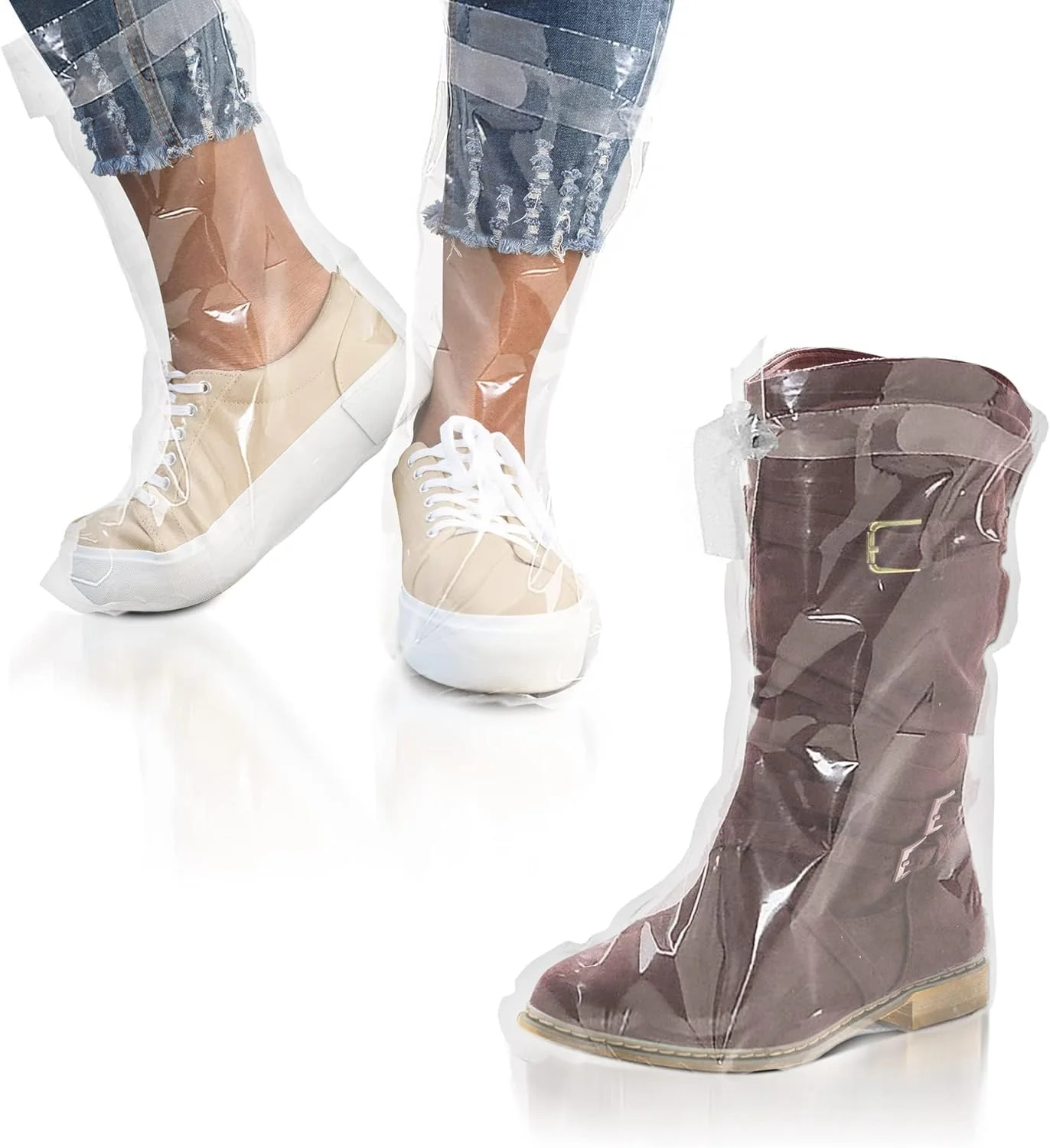 کاور کفش یکبار مصرف NALACAL برای داخل و خارج، 37 × 46 سانتی متر، بسته 50 عددی کاور کفش بزرگ شفاف یکبار مصرف، کاور چکمه یکبار مصرف ضد آب 4 میلی متری LDPE با بند، پاپوش یکبار مصرف مقاوم در برابر شعله