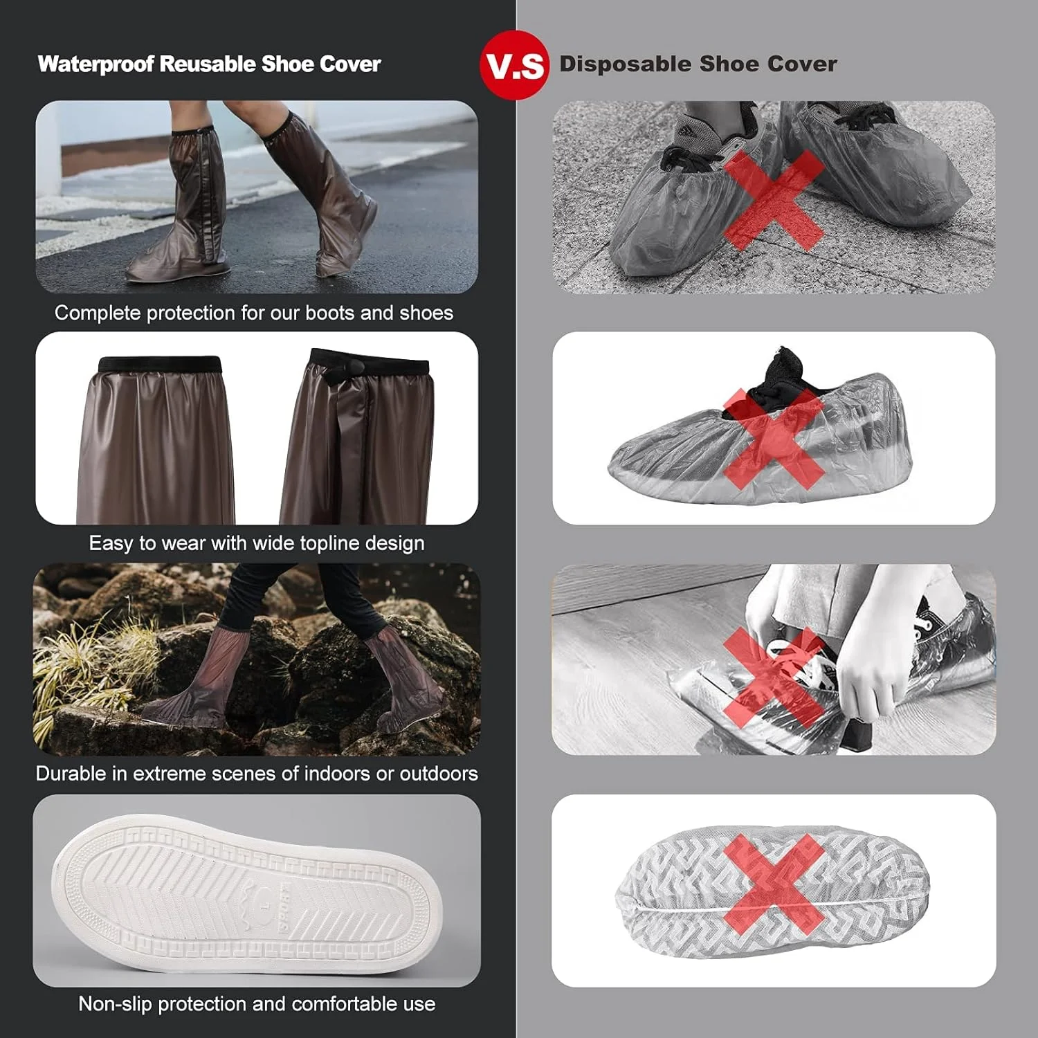 کاور کفش ضد آب NALACAL، روکش کفش قابل استفاده مجدد، روکش چکمه ضد لغزش، روکش کفش بارانی، محافظ کفش چکمه ای PVC قابل شستشو برای مردان/زنان - 2XL