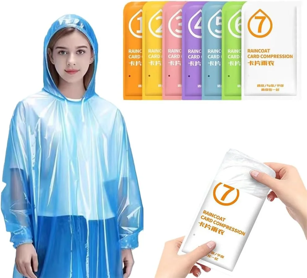 پانچو بارانی یکبار مصرف LCHYI، بسته 7 عددی، بارانی های قابل استفاده مجدد، ژاکت بارانی اضطراری قابل حمل با کلاه بند دار، بارانی ضد آب برای کمپینگ، پیاده روی، مسافرت و فعالیت های خارج از منزل