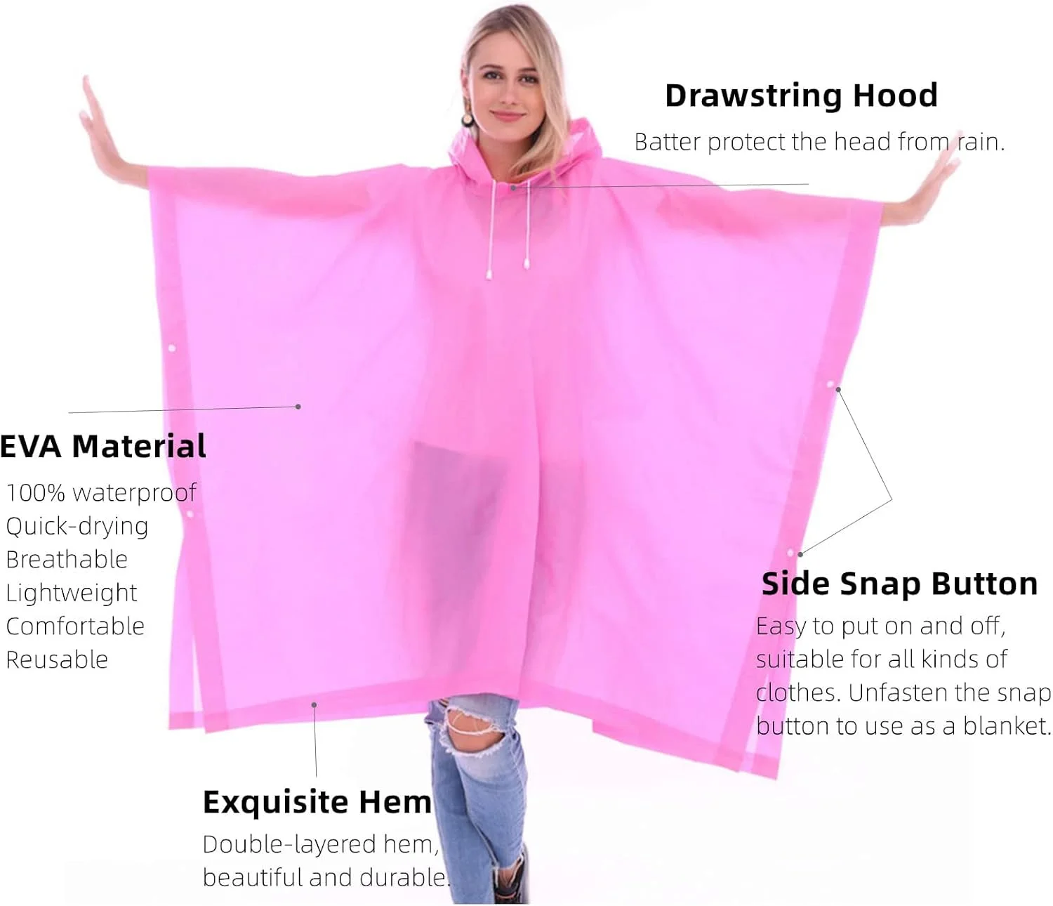 بارانی های EVA قابل حمل KASTWAVE برای بزرگسالان، پانچوهای بارانی قابل استفاده مجدد با کلاه و آستین، بارانی های سبک وزن برای بزرگسالان، موارد اضطراری، کمپینگ، مردان، زنان (بسته 2 عددی) (صورتی)