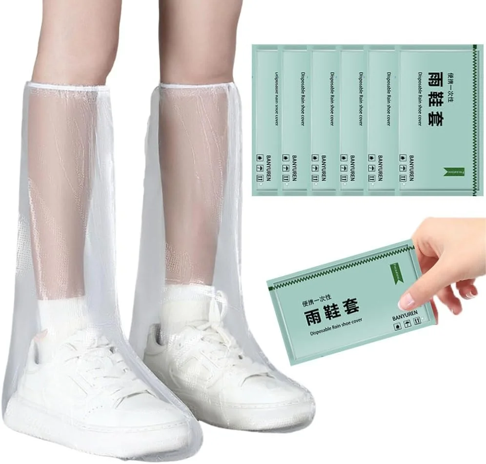 Goodern Rain Shoe Covers,6 PCS Thicker Waterproof Shoe Covers,Individually Wrapped High Tube Rain Shoe Covers for Adults Portable Compressed Pocket Boot Cover for Travel Outdoor Rainy Day-Transparent