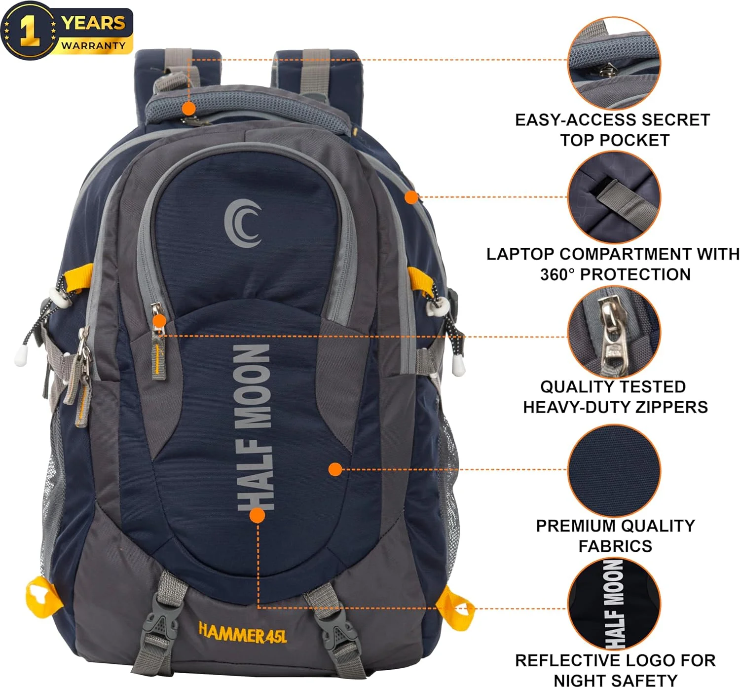 کوله پشتی نیمه ماه 45 لیتری چکش ضد آب لپ تاپ مناسب سفر و کوهنوردی برای مردان، زنان، پسران و دختران با محفظه لپ تاپ 17.3 اینچی و روکش باران کوله پشتی نیمه ماه 45 لیتری چکش ضد آب لپ تاپ مناسب سفر و کوهنوردی برای مردان، زنان، پسران و دختران با محفظه لپ تاپ 17.3 اینچی و روکش باران