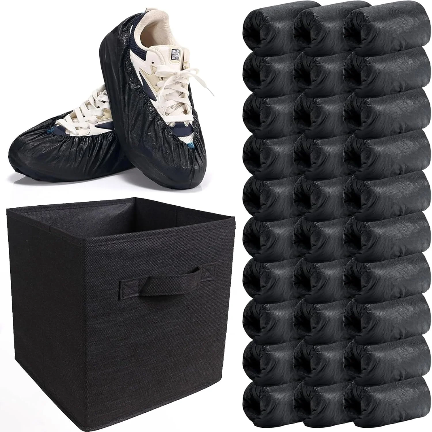 بسته 100 عددی روکش کفش یکبار مصرف، ضد لغزش برای داخل خانه، روکش کفش ضد آب به همراه یک جعبه روکش کفش، جعبه نگهداری برای مهمان، باران، داخل خانه، زنان، مردان، لطفا کفش ها را درآورید یا بپوشانید