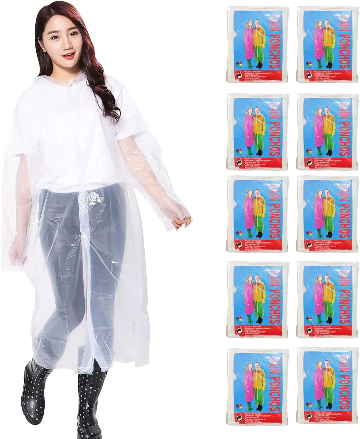 10 عدد پانچو بارانی یکبار مصرف بزرگسال، ست خانوادگی پانچو، یونی‌سکس، لباس بارانی یکبار مصرف اضطراری، شفاف