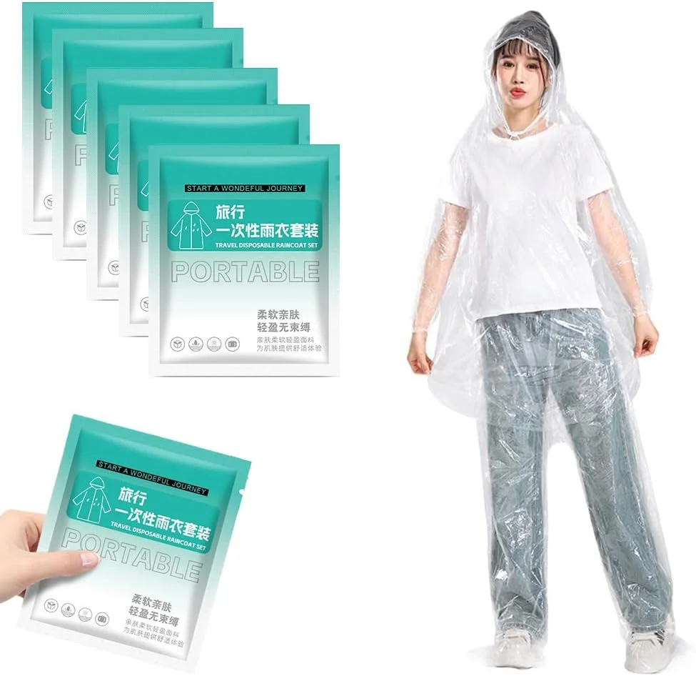 آوین، 5 عدد پانچو بارانی یکبار مصرف برای بزرگسالان، بارانی شفاف قابل حمل، بارانی ضد آب PE با طراحی شکاف، پانچو بارانی اضطراری برای کمپینگ، پیاده روی، مسافرت و فعالیت های فضای باز برای زنان و مردان