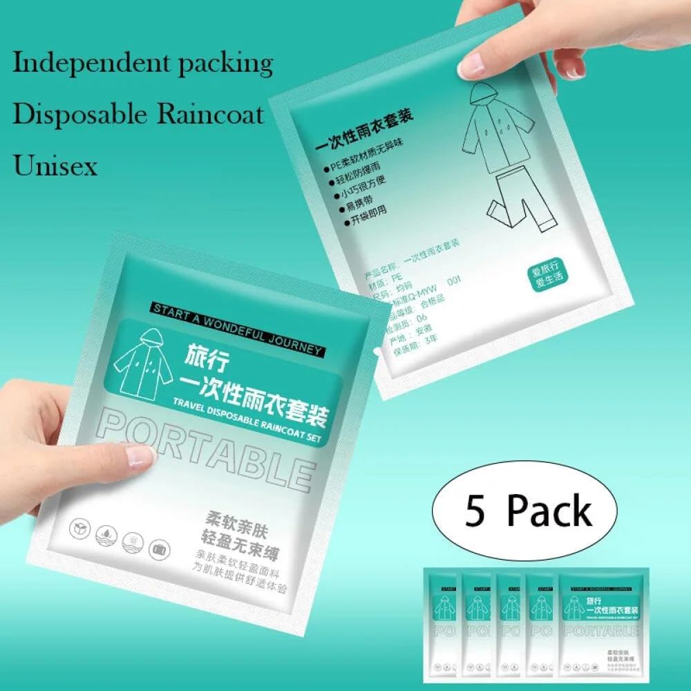 آوین، 5 عدد پانچو بارانی یکبار مصرف برای بزرگسالان، بارانی شفاف قابل حمل، بارانی ضد آب PE با طراحی شکاف، پانچو بارانی اضطراری برای کمپینگ، پیاده روی، مسافرت و فعالیت های فضای باز برای زنان و مردان