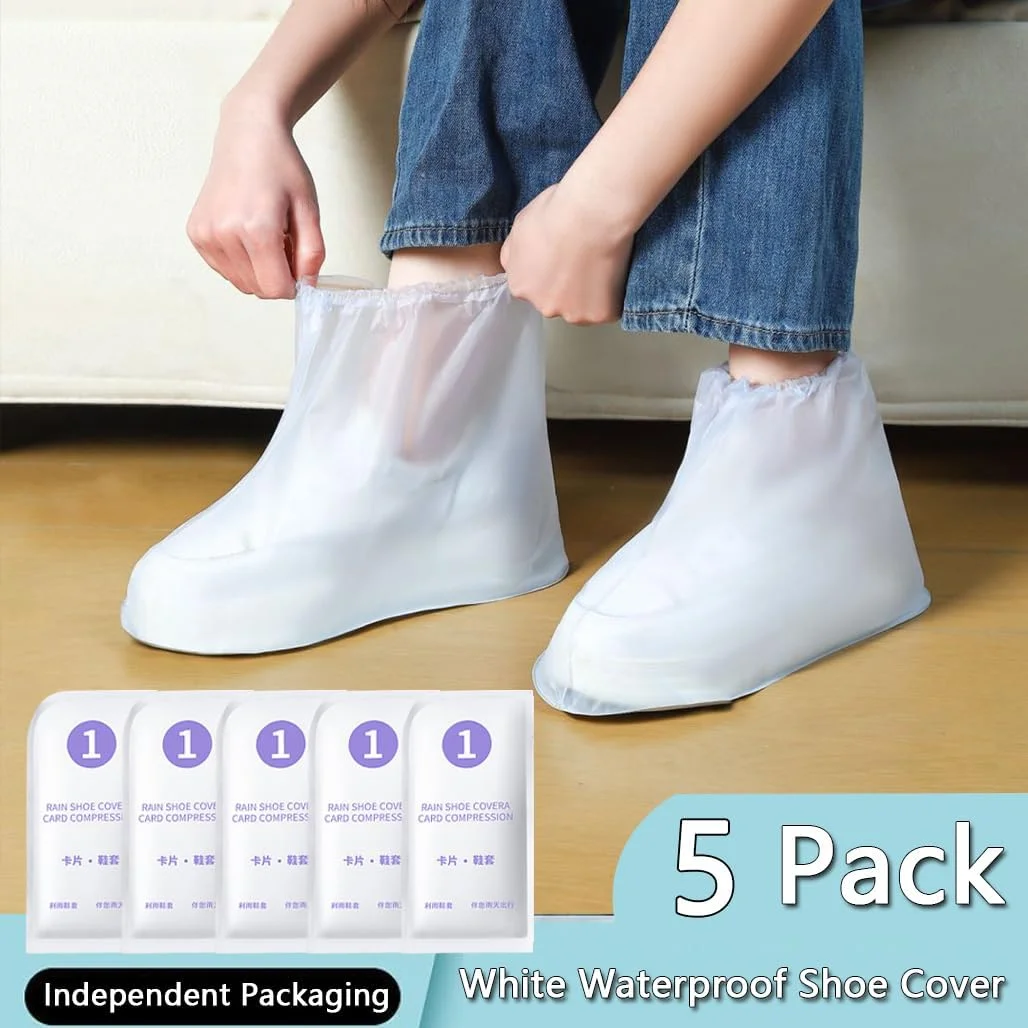 کاور کفش ضد آب Aowin، بسته 5 عددی، کاور کفش ضد باران قابل حمل و ضد لغزش، محافظ کفش ضد آب مقاوم سفید، محافظ گالش روکش کفش برای مردان و زنان (بلند، M)