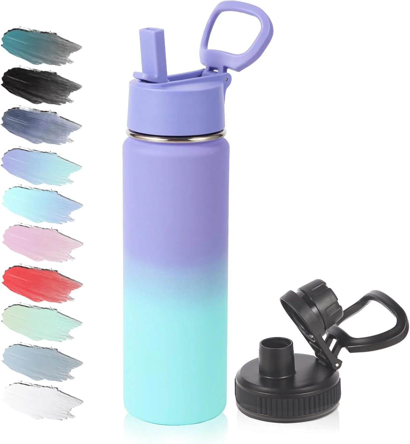 بطری آب استیل عایق بندی شده 590 میلی لیتری کودکانه Volhoply با درب نی دار، دهانه گشاد، لیوان های خلاء دوجداره با دسته، بطری های فلزی حکاکی شده با لیزر قابل استفاده مجدد، فلاسک مسافرتی برای نگهداری نوشیدنی های سرد (آبی بنفش، 1 عدد)