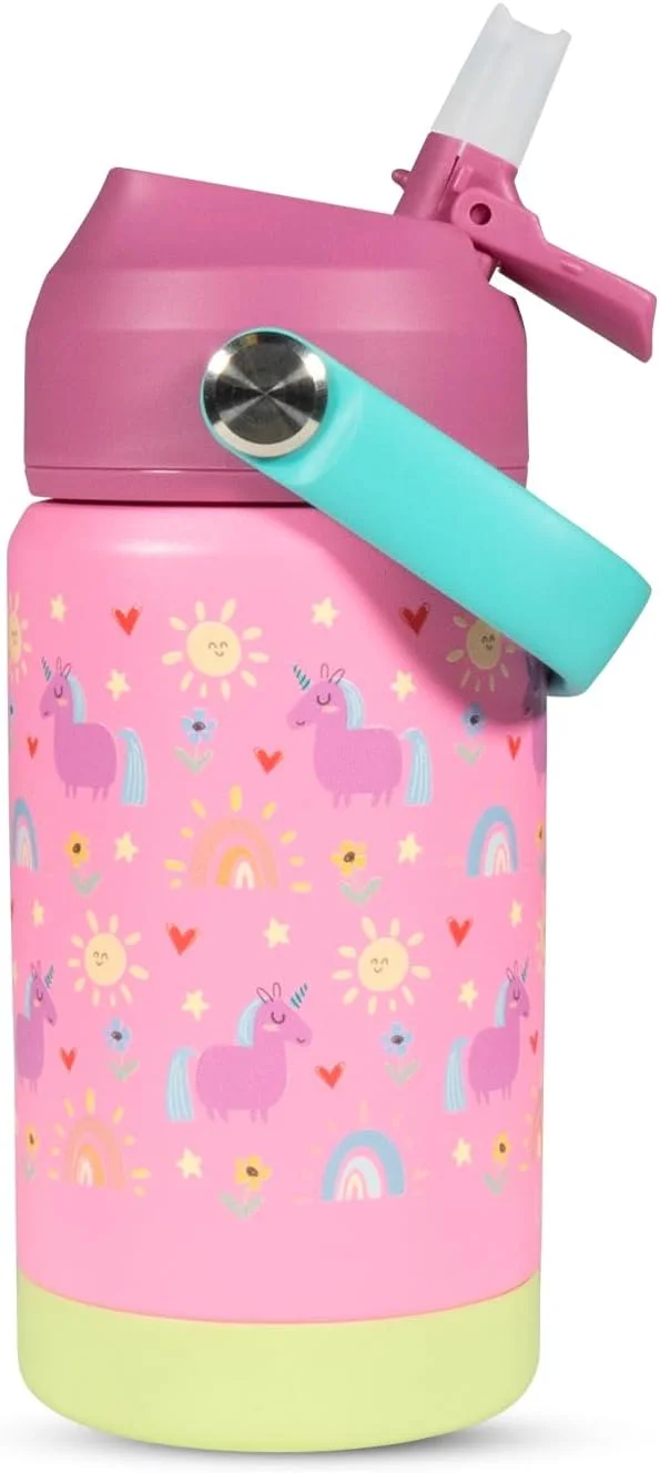 بطری آب عایق کودکانه WAICEE، 350 میلی لیتر، استیل ضد زنگ، عایق خلاء دو جداره، با دسته (تک شاخ صورتی)