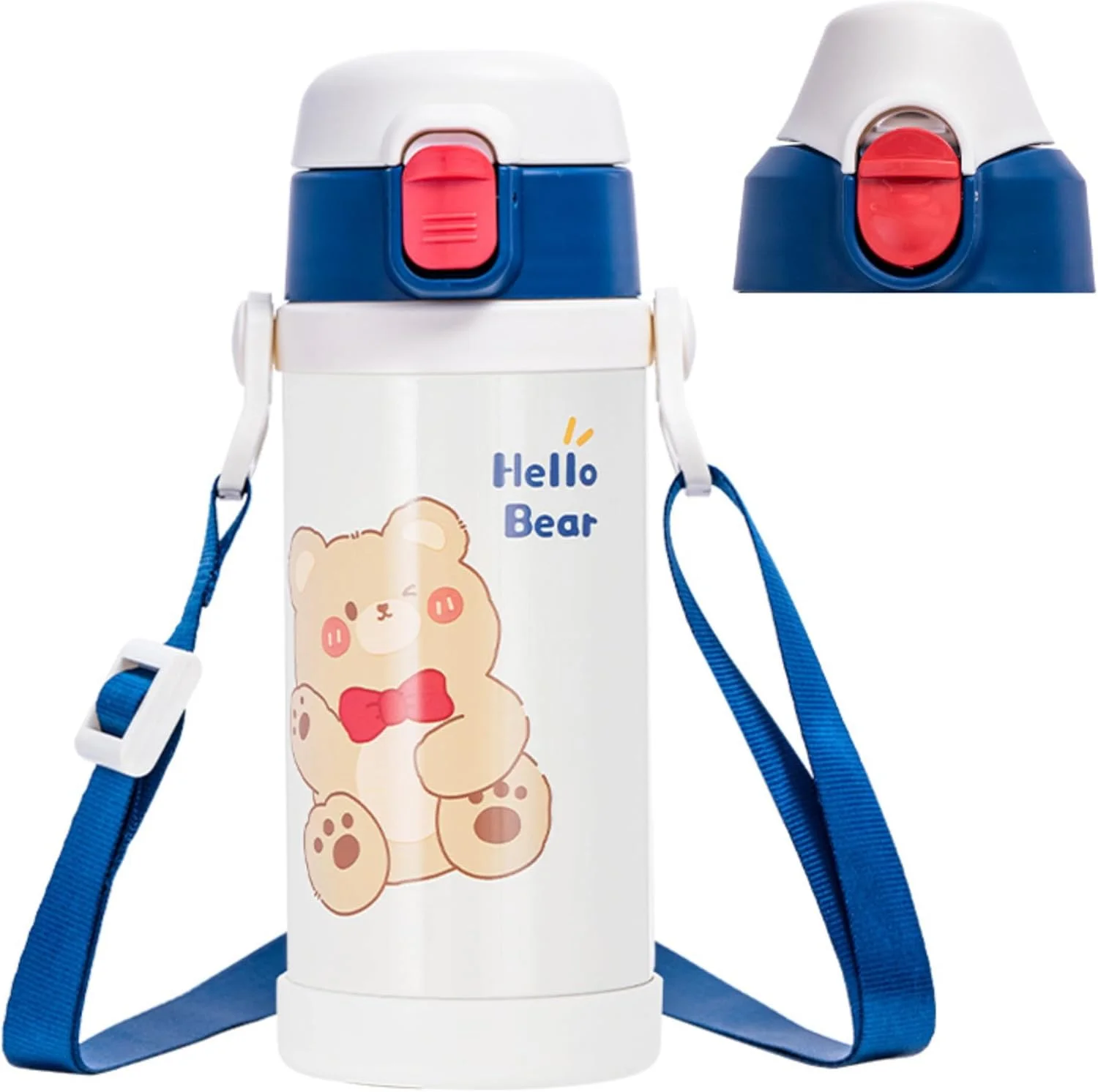 بطری آب دو جداره استیل ضد زنگ WAT برای کودکان با نی، بند حمل داخلی و درب قفل دار ضد نشت مناسب کوله پشتی مدرسه، جعبه ناهار و ورزش های فضای باز (آبی)