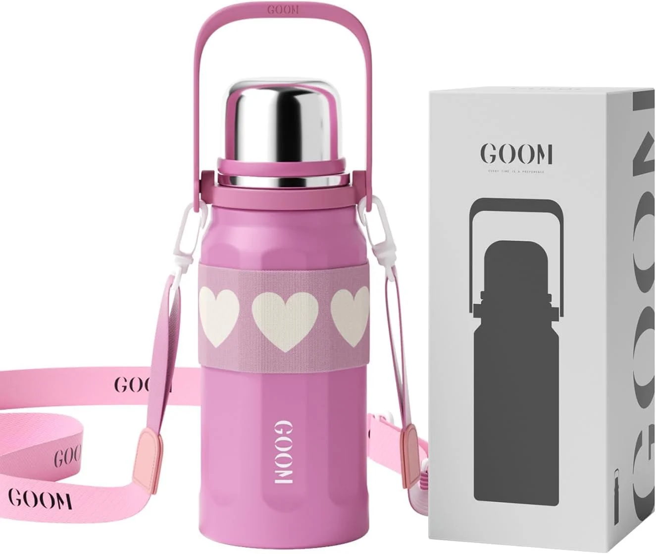 قم The Grip بطری آب 1 لیتری برای نوشیدنی های گرم و سرد، بطری آب عایق استیل ضد زنگ 18/10 با درب، بند حمل، صافی، عایق 7 لایه، دهانه گشاد - صورتی چرک