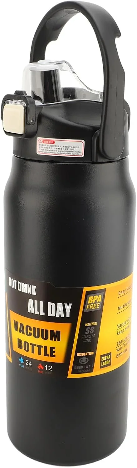 بطری آب عایق استیل ضد زنگ 304 با ظرفیت 1.5 لیتر، 1500 میلی لیتر، دارای نی، درب و دسته، دهانه پهن و قابل استفاده مجدد، بطری خلاء برای باشگاه و فیتنس (مشکی)