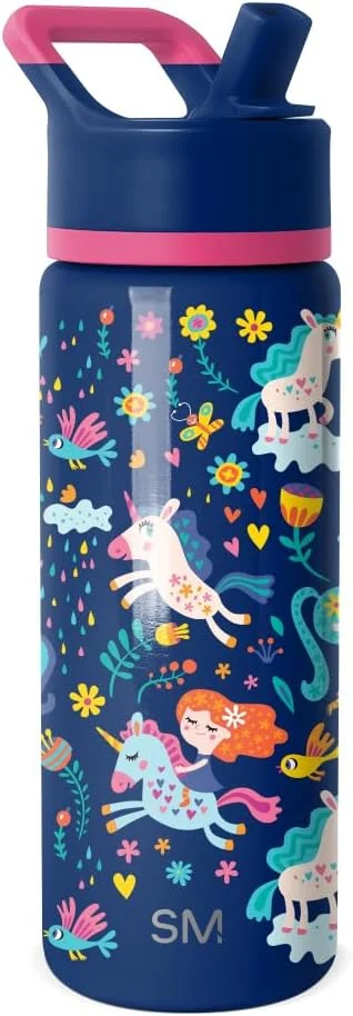 بطری آب کودکانه نی دار ساده مدرن | فلاسک استیل ضد زنگ عایق شده و قابل استفاده مجدد برای کودکان نوپا و مدرسه | مجموعه سامیت | 530 میلی لیتر، رنگین کمان تکشاخ
