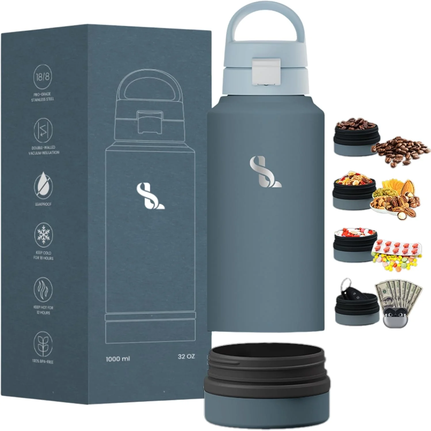 بطری آب استیل ضد زنگ عایق SimplyLivin (750 میلی لیتر) با محفظه زیرین | قمقمه بدون BPA و ضد نشت برای نوشیدنی های گرم و سرد | بطری ورزشی و مسافرتی برای فضای باز، باشگاه (آبی طوفانی)