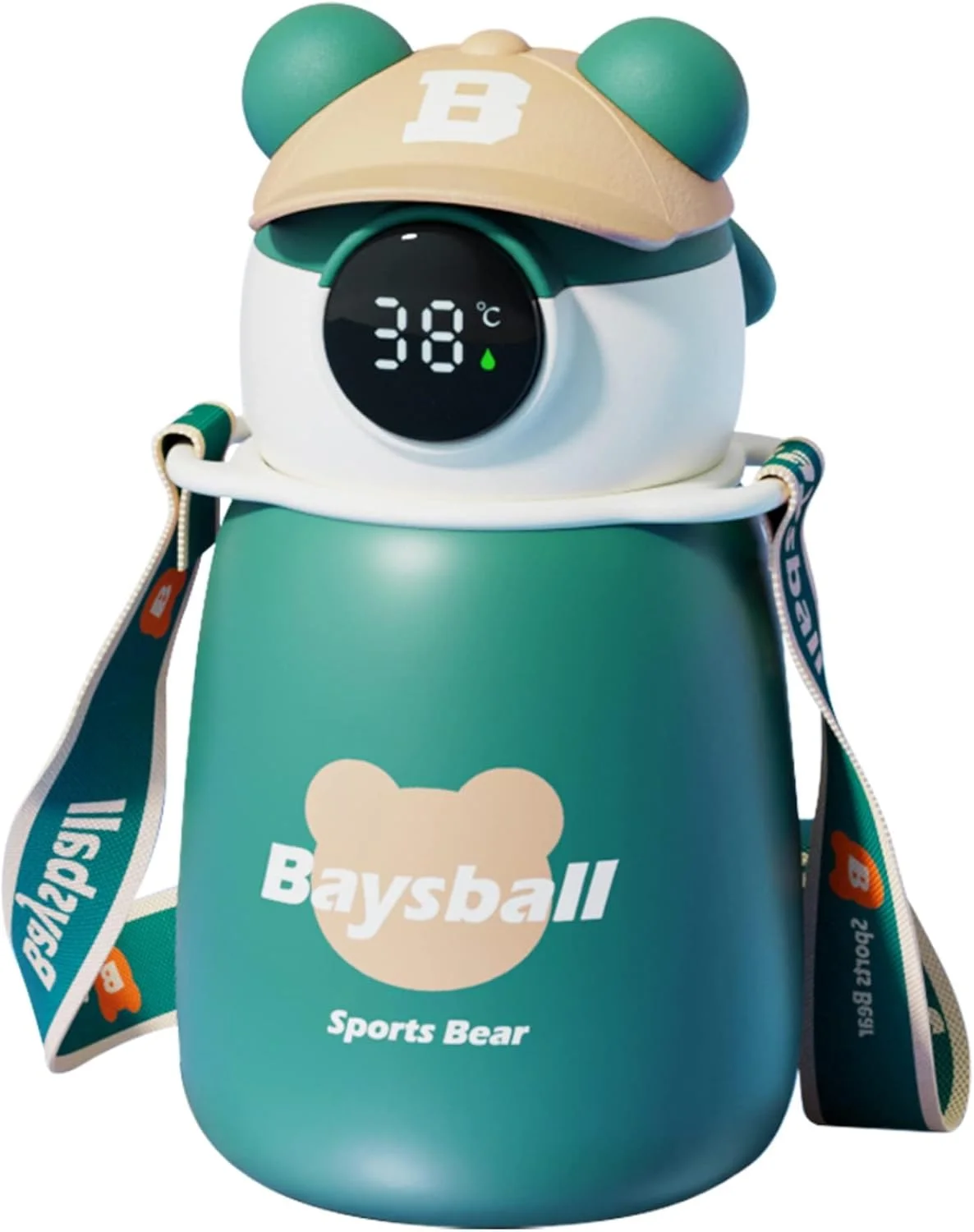 بطری آب کودک با درب نی دار، 414 میلی لیتر، استیل ضد زنگ 316، لیوان عایق خلاء دو جداره با نمایشگر دما و دهانه سیلیکونی، بطری های آب ضد نشت کودکانه برای مسافرت و مدرسه، سبز