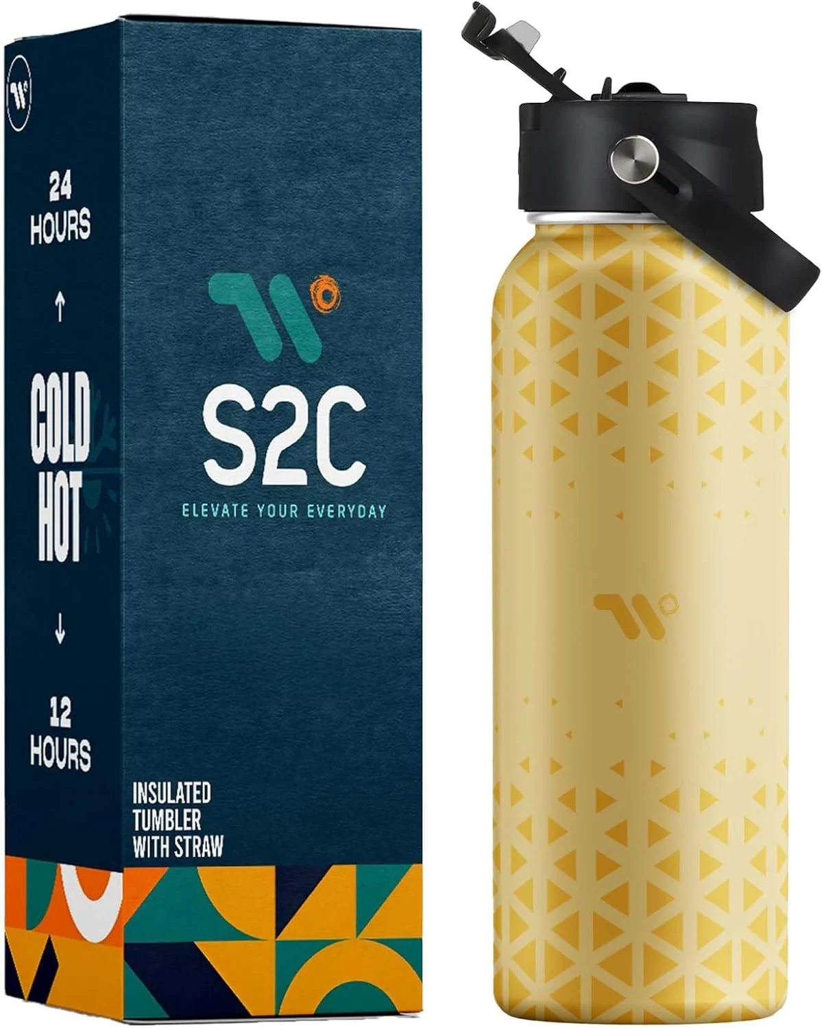 بطری آب عایق S2C با ظرفیت 1 لیتر، دارای نی و درب دو منظوره – فلاسک ترموس استیل ضد زنگ دو جداره 32 اونسی برای نوشیدنی های گرم و سرد، ضد نشت، بدون BPA، دهانه گشاد، نسخه محدود (زرد)