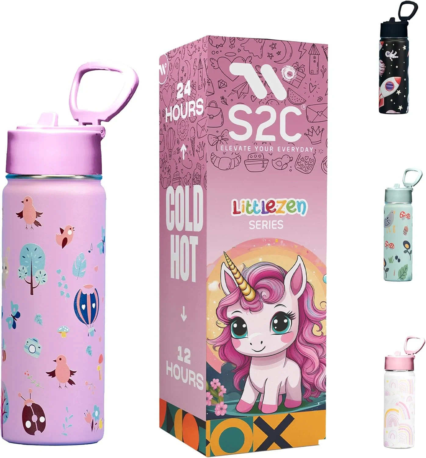 بطری آب کودکانه S2C با درب نی‌دار - استیل ضد زنگ 550 میلی‌لیتری، دوجداره عایق، بدون BPA، بطری ضد نشت برای مدرسه و کودکان نوپا (بنفش)