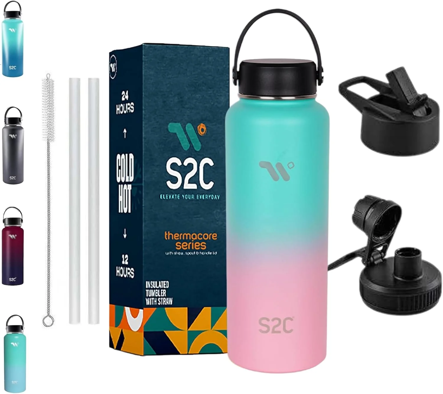 بطری آب عایق S2C با ظرفیت 1200 میلی لیتر به همراه 3 درب، دوجداره، ضد نشت، بطری استیل ضد زنگ با نی برای باشگاه، فلاسک آب قمقمه برای آب گرم (آدامس بادکنکی) بطری آب عایق S2C با ظرفیت 1200 میلی لیتر به همراه 3 درب، دوجداره، ضد نشت، بطری استیل ضد زنگ با نی برای باشگاه، فلاسک آب قمقمه برای آب گرم (آدامس بادکنکی)