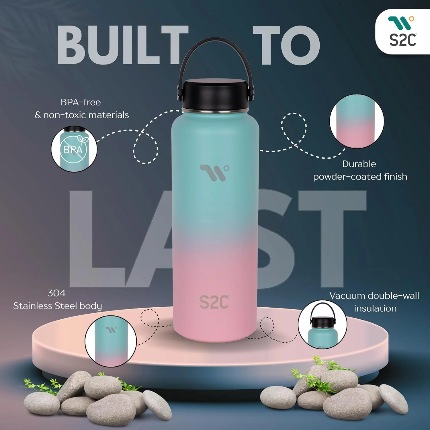 بطری آب عایق S2C با ظرفیت 1200 میلی لیتر به همراه 3 درب، دوجداره، ضد نشت، بطری استیل ضد زنگ با نی برای باشگاه، فلاسک آب قمقمه برای آب گرم (آدامس بادکنکی) بطری آب عایق S2C با ظرفیت 1200 میلی لیتر به همراه 3 درب، دوجداره، ضد نشت، بطری استیل ضد زنگ با نی برای باشگاه، فلاسک آب قمقمه برای آب گرم (آدامس بادکنکی)