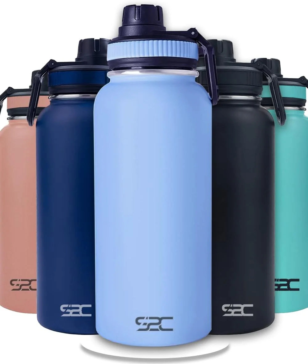 بطری آب استیل ضد زنگ S2C یک لیتری، بطری آب عایق خلاء دو جداره 32 اونسی، فاقد BPA با درب نی دار - فلاسک آب ترموس برای آب گرم (آبی آسمانی)