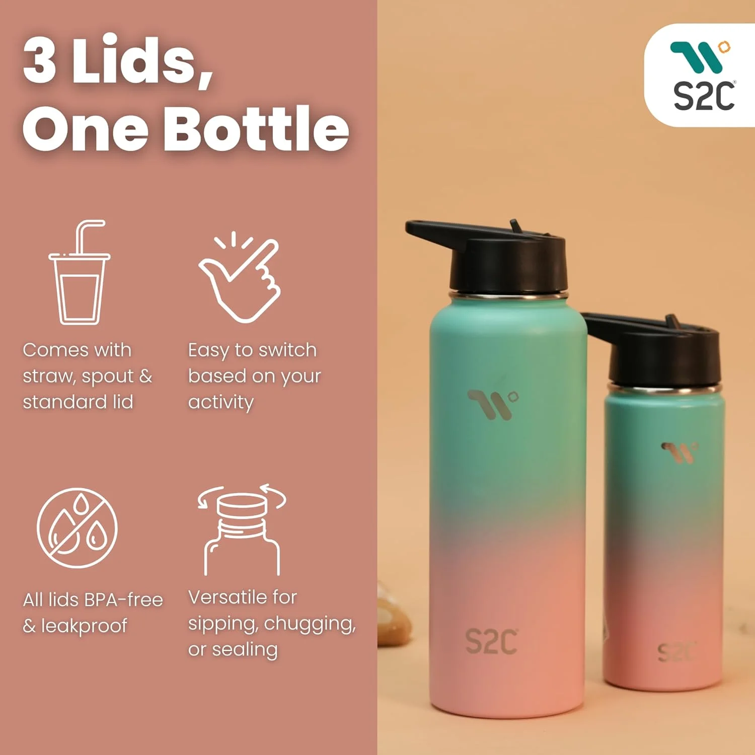 بطری آب عایق S2C با ظرفیت 1200 میلی لیتر به همراه 3 درب، دوجداره، ضد نشت، بطری استیل ضد زنگ با نی برای باشگاه، فلاسک آب قمقمه برای آب گرم (آدامس بادکنکی) بطری آب عایق S2C با ظرفیت 1200 میلی لیتر به همراه 3 درب، دوجداره، ضد نشت، بطری استیل ضد زنگ با نی برای باشگاه، فلاسک آب قمقمه برای آب گرم (آدامس بادکنکی)